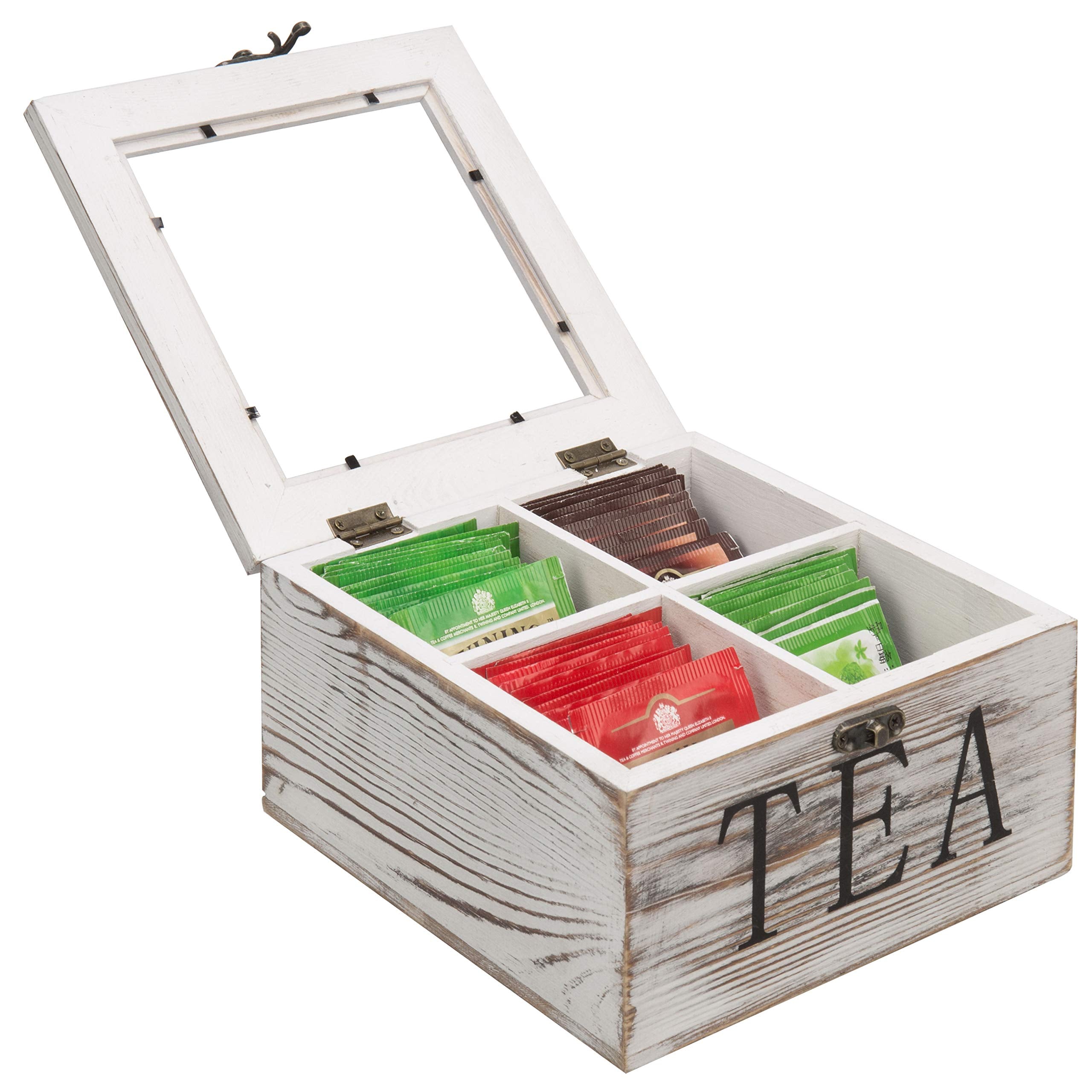 Mygift Shabby Whitewashed Solid Wood Tea Box Organizer With 4 Compartments, Teabag Storage Chest With Clear Acrylic Lid And Latc