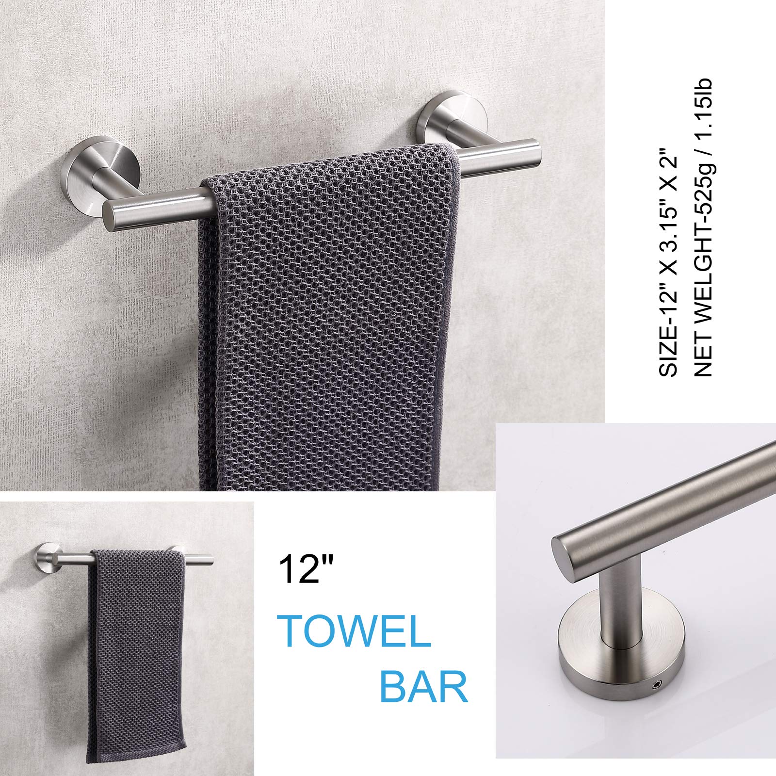 Tastos 12 Inch Single Towel Bar Rack Brushed Nickel, Sus 304 Stainless Steel Round Bathroom Towel Bar Heavy Duty Towel Holder Ki