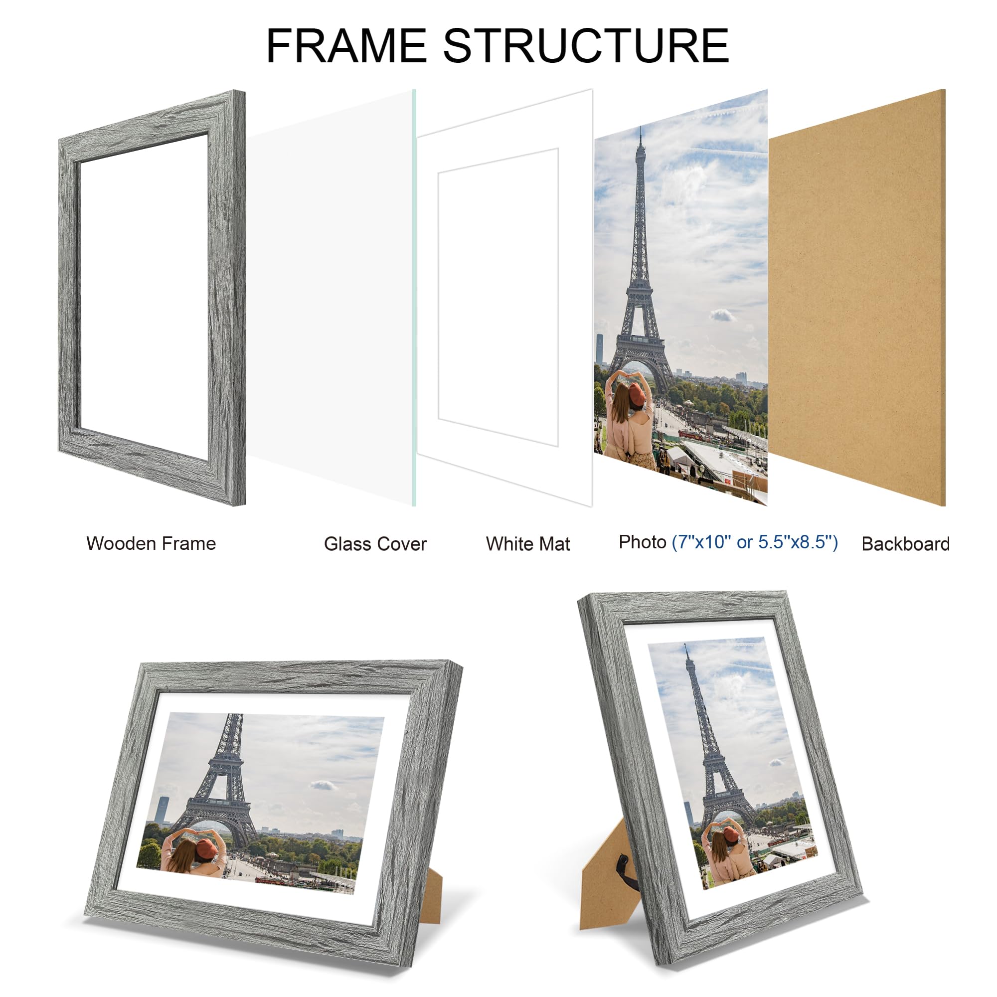 Hongkee 7x10 Picture Frame Set of 4, Made of Real Glass and Grey Frame - Display Picture 5.5x8.5 with Mat or 7x10 Without Mat, 7