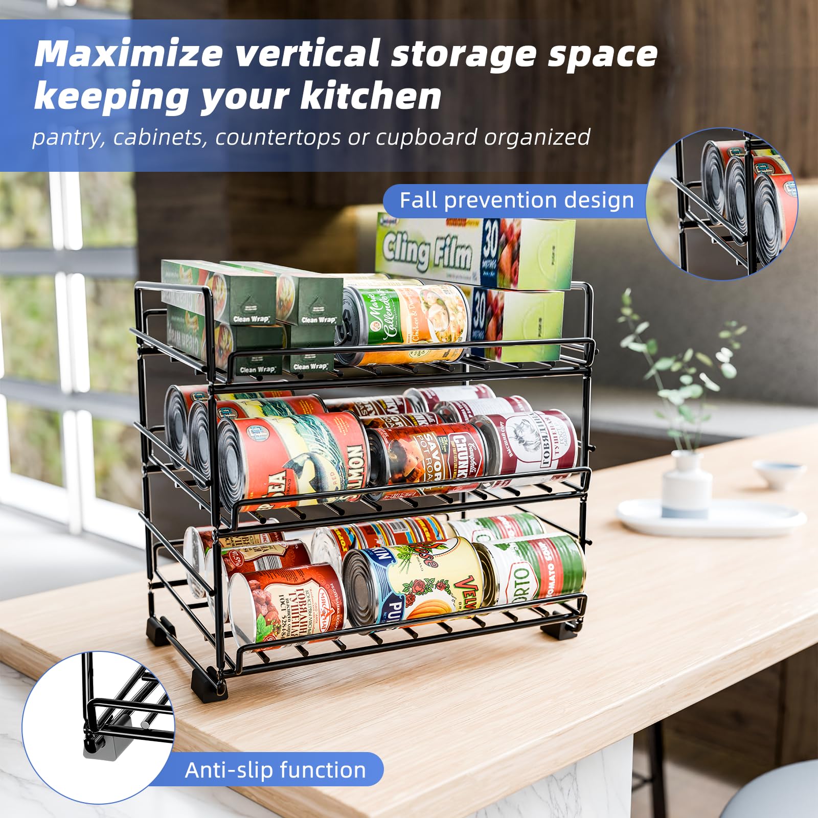 Sufauy 3 Tier Can Rack Organizer For Pantry, All Metal Small Soup Can Storage Holds Up To 36 Food Cans For Kitchen Cabinet, Blac