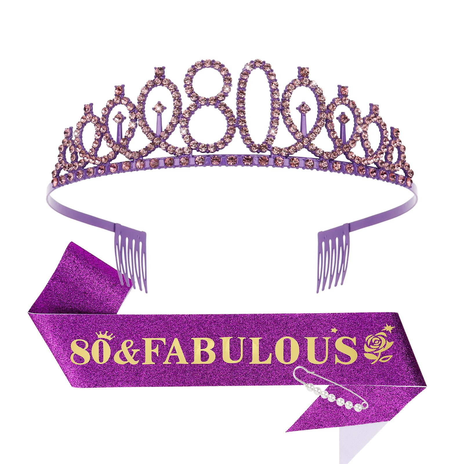 Casoty 80th Birthday Sash and Tiara, 80th Birthday Decorations for Women, 80 & FABULOU Sash and Crown Set, Gifts for Her, Party 