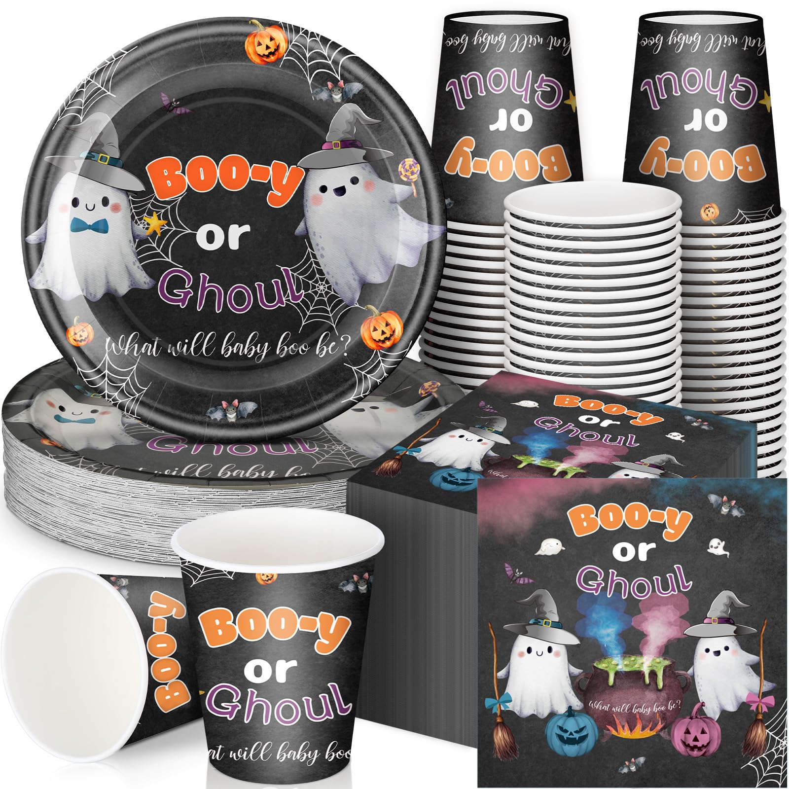 Hushee 200 Pcs Halloween Baby Shower Paper Plates Cups Napkins Party Supplies Halloween Booy or Ghoul Gender Reveal Party Decora