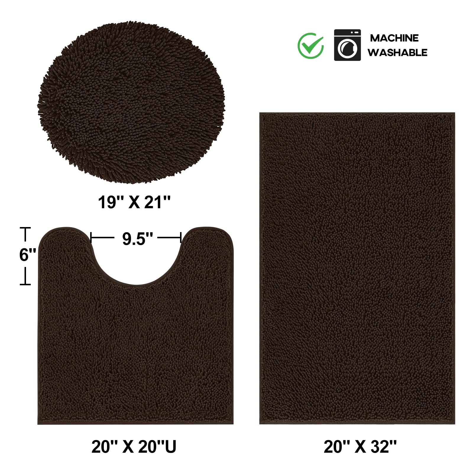 Treetone Chenille Bath Mat 3 Piece Bathroom Rugs Set, 20X20 Inchs U-Shape Contoured Toilet Mat & 20X32 Inchs Rug & Lid Cover Wat