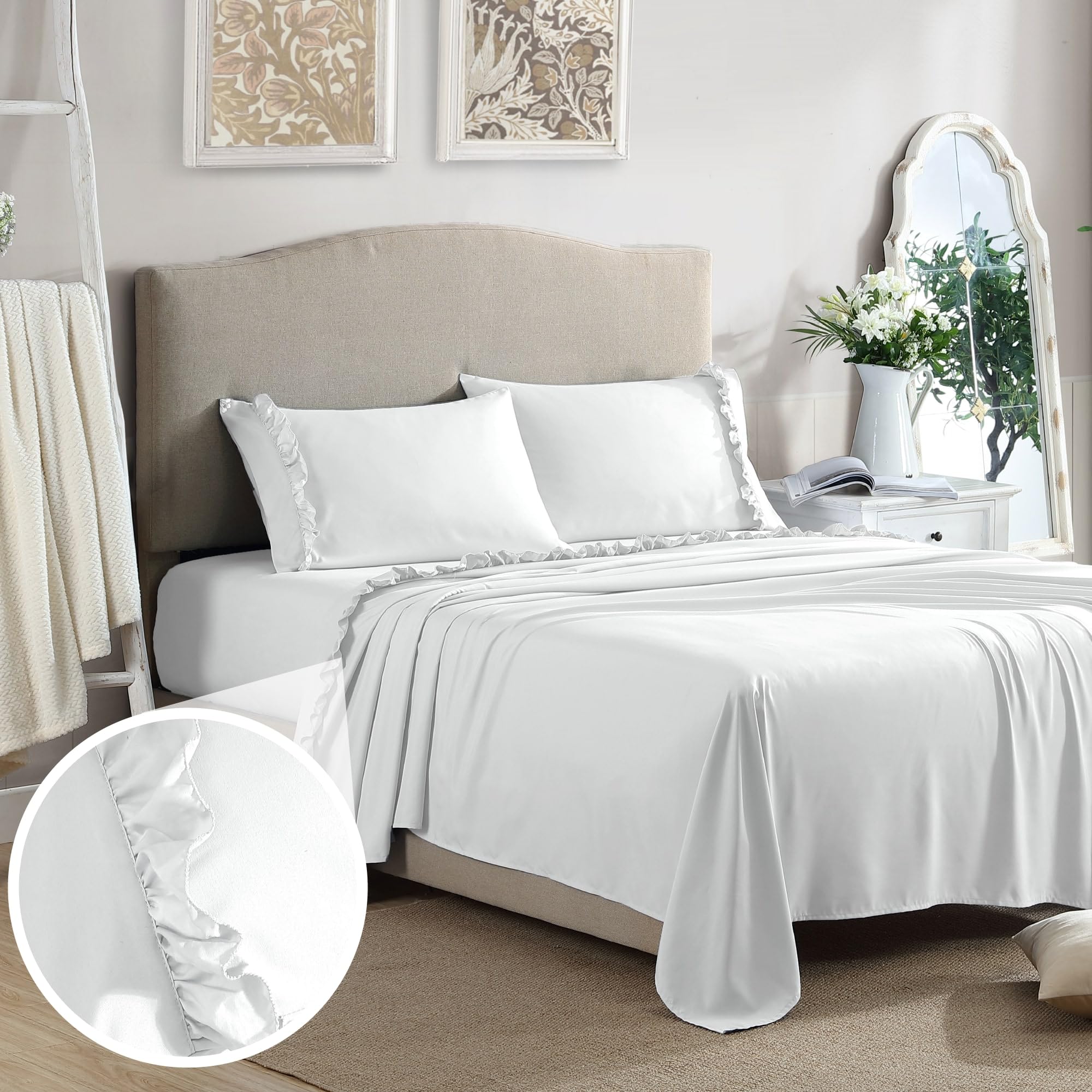 Swift Home UltraSoft Elegant 2 Ruffled Hem Design On Flat Sheet And Pillowcases. Wrinkle Resistant, Fade Resistant, Deep Pocke