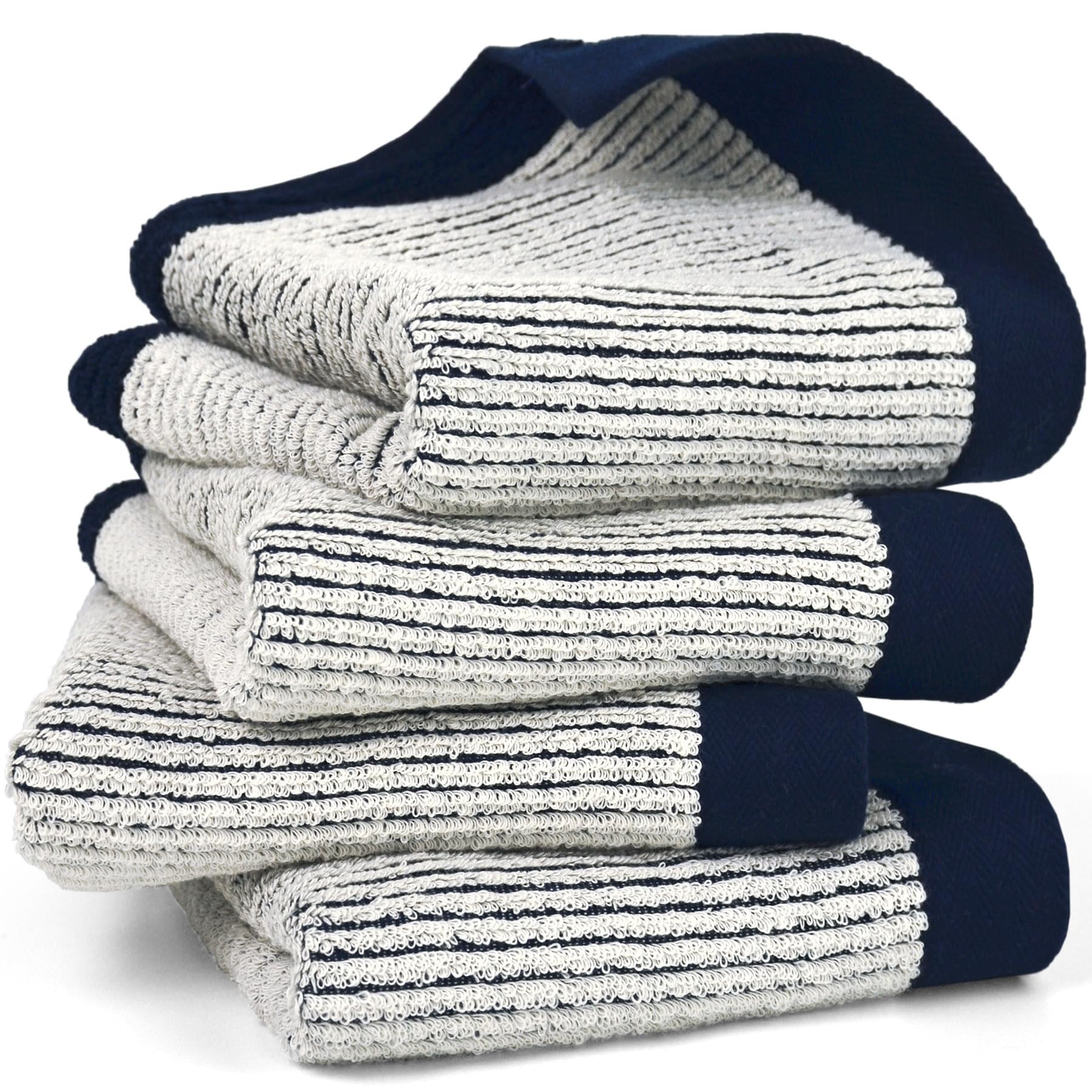Cleanbear Hand Towels For Bathroom Set Of 4, Jacquard Weave Bath Hand Towels, 28 X 13 Inches, Navy-Blue