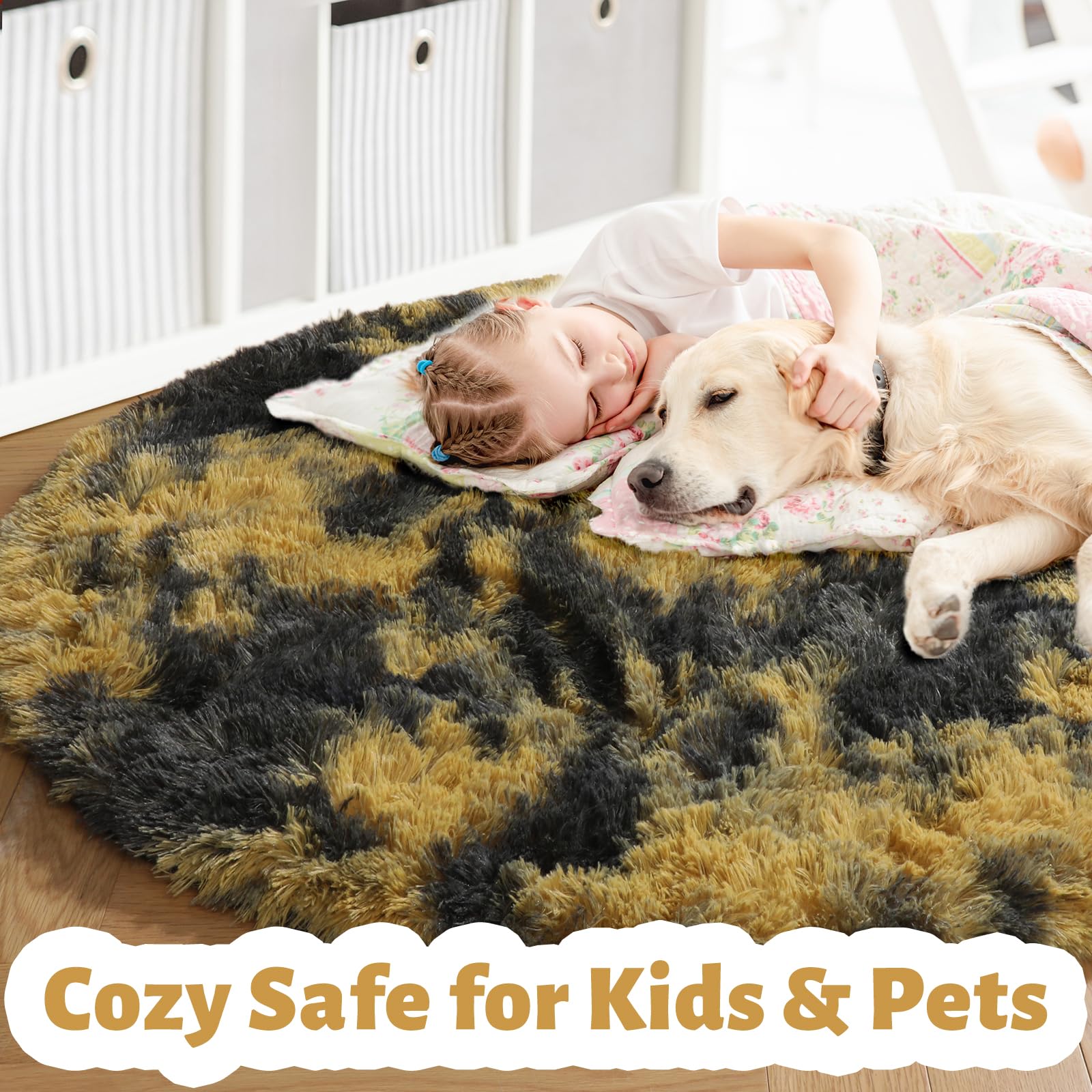 Amdrebio Black Gold Yellow Grey Round Circle Rugs 5Ft for Bedroom Living Room Decor, Fluffy Furry Area Rug for Kids Room Dorm Ho