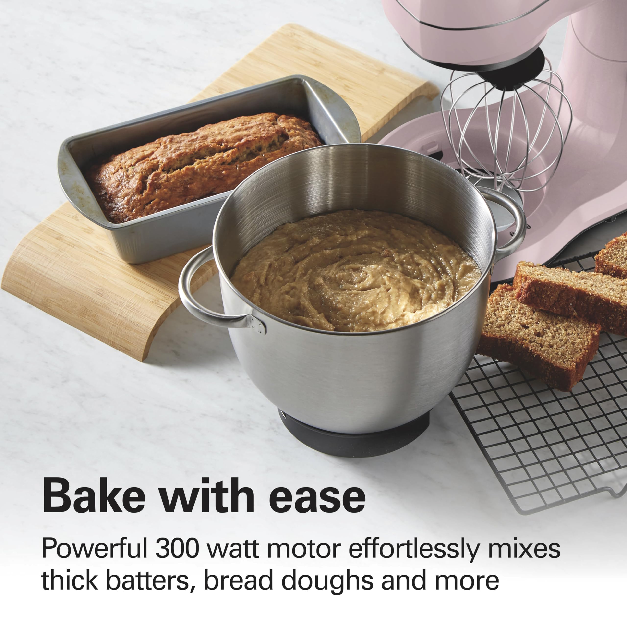 Hamilton Beach Electric Stand Mixer, 4 Quarts, Dough Hook, Flat Beater Attachments, Splash Guard, 7 Speeds With Whisk, Pink