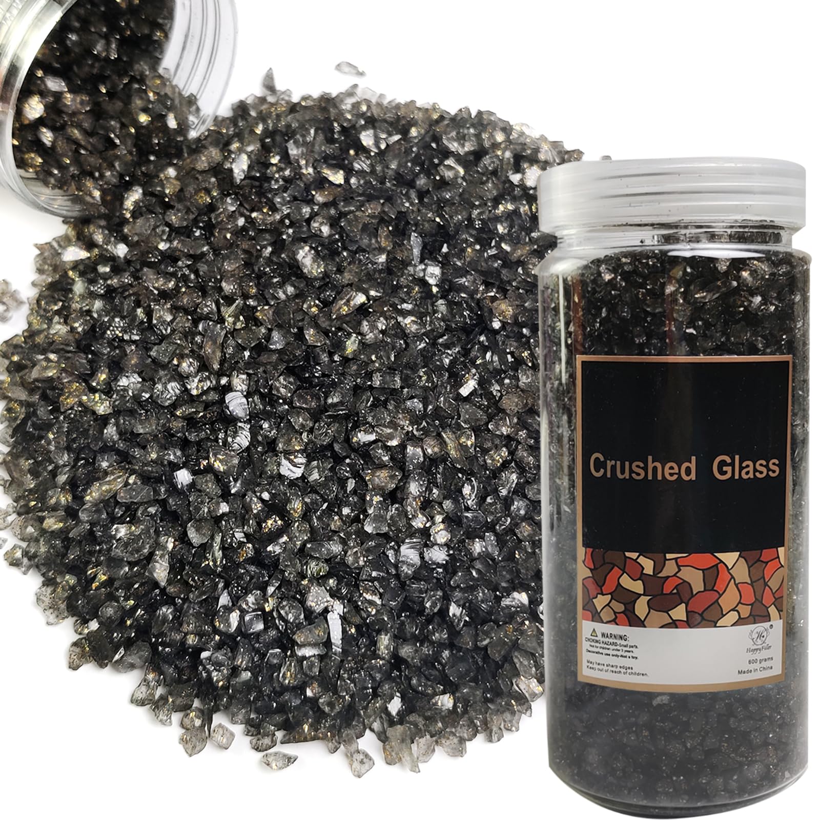 HappyFiller 1.3 LB Crushed Glass Sand Broken Glass Pieces Mix with Glitter Crush Terrarium Stones for Resin Arts,Nail Crafts,Suc