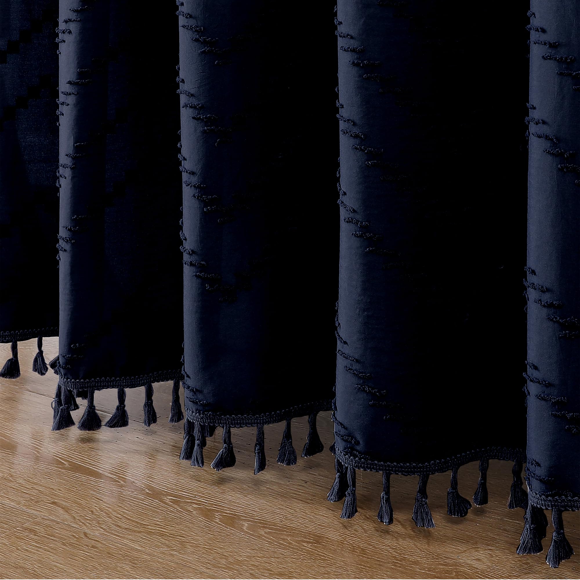 Owenie Extra Long Navy Blue Boho Shower Curtain, Chic Tufted Chevron Striped Textured Cloth Fabric Shower Curtains With Tassel F