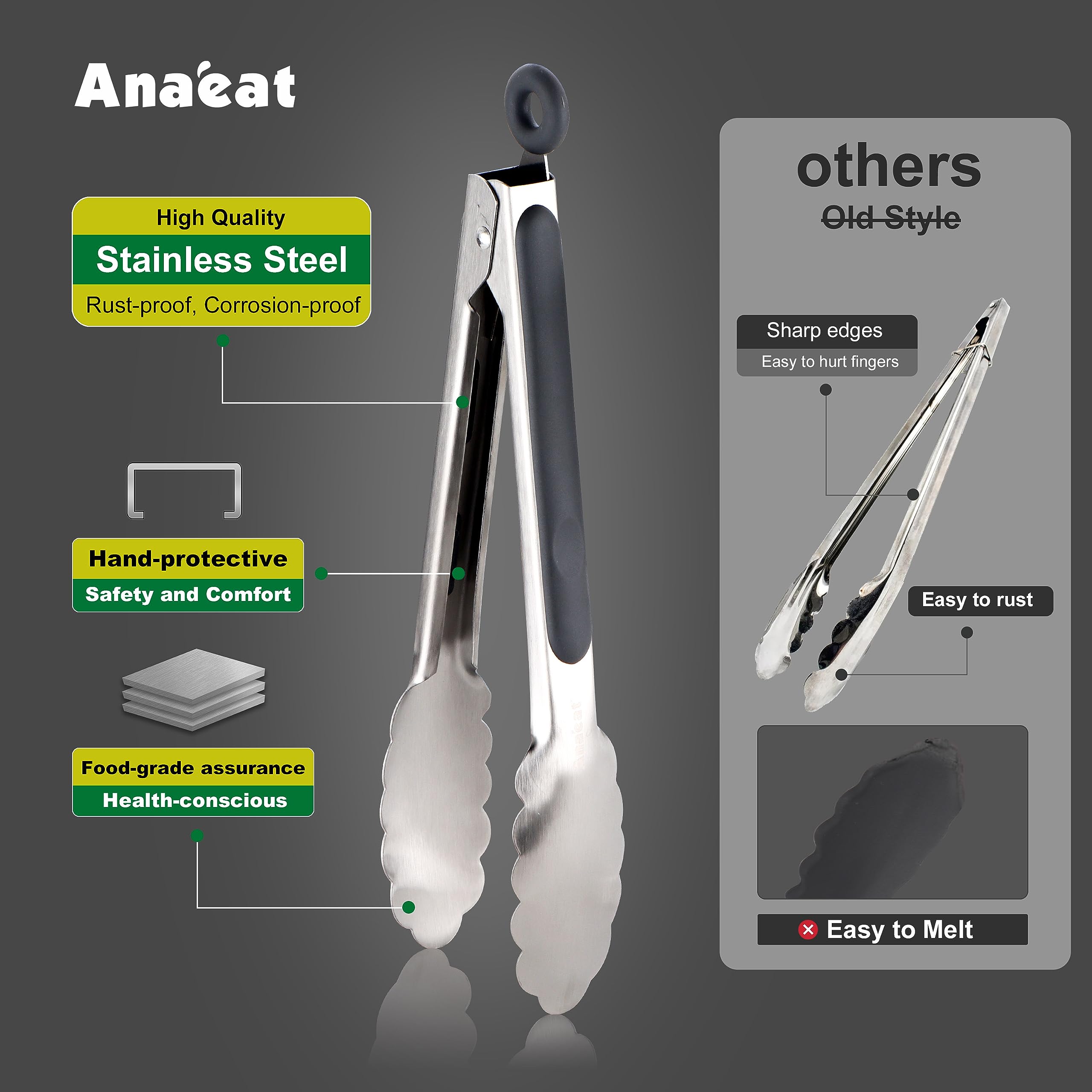 Anaeat Stainless Steel Locking Tong Set Of 3 - Premium 7, 9 And 12 Inch Kitchen Food Tongs With Non-Slip Silicone Tips And Grip