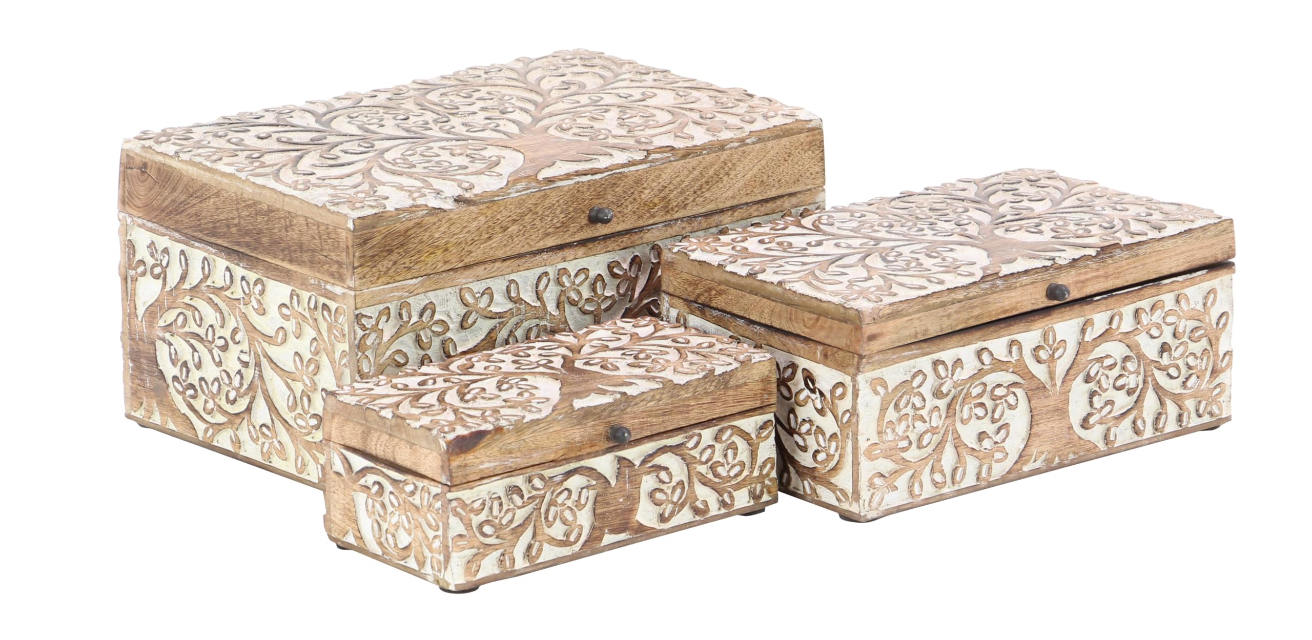 Deco 79 Mango Wood Floral Decorative Box Decorative Keepsake Boxes with Hinged Lid, Set of 3 Storage Boxes 8, 10, 12W, Brown