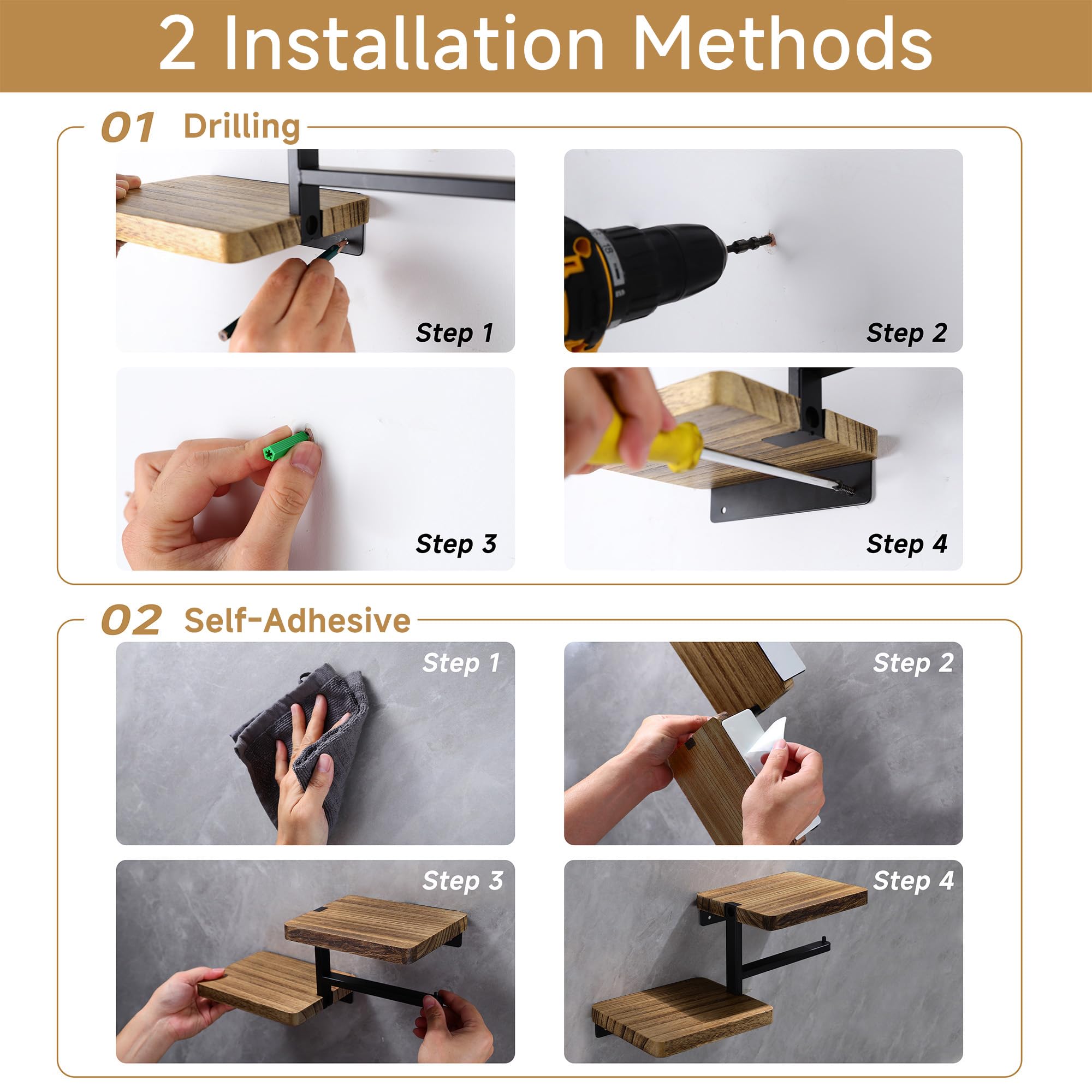 Double Toilet Paper Holder With Shelf, 2 Tier Wood Wall Mounted Adhesive Paper Roll Holder Suitable For Bathroom Accessories Dec
