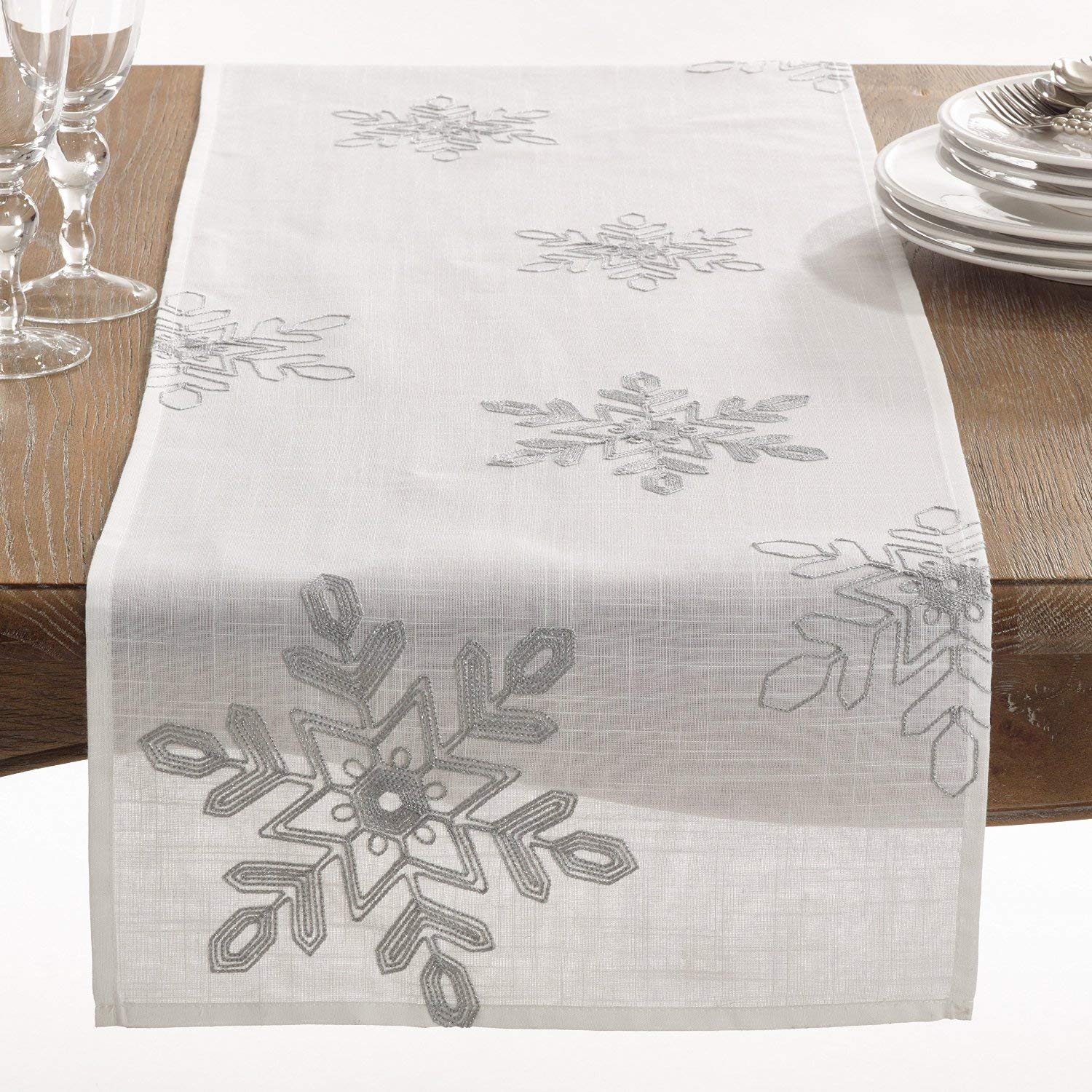 Fennco Styles Nivalis Collection Holiday Embroidered Snowflakes 16 X 108 Inch Table Runner - Silver Table Runner For Christmas D