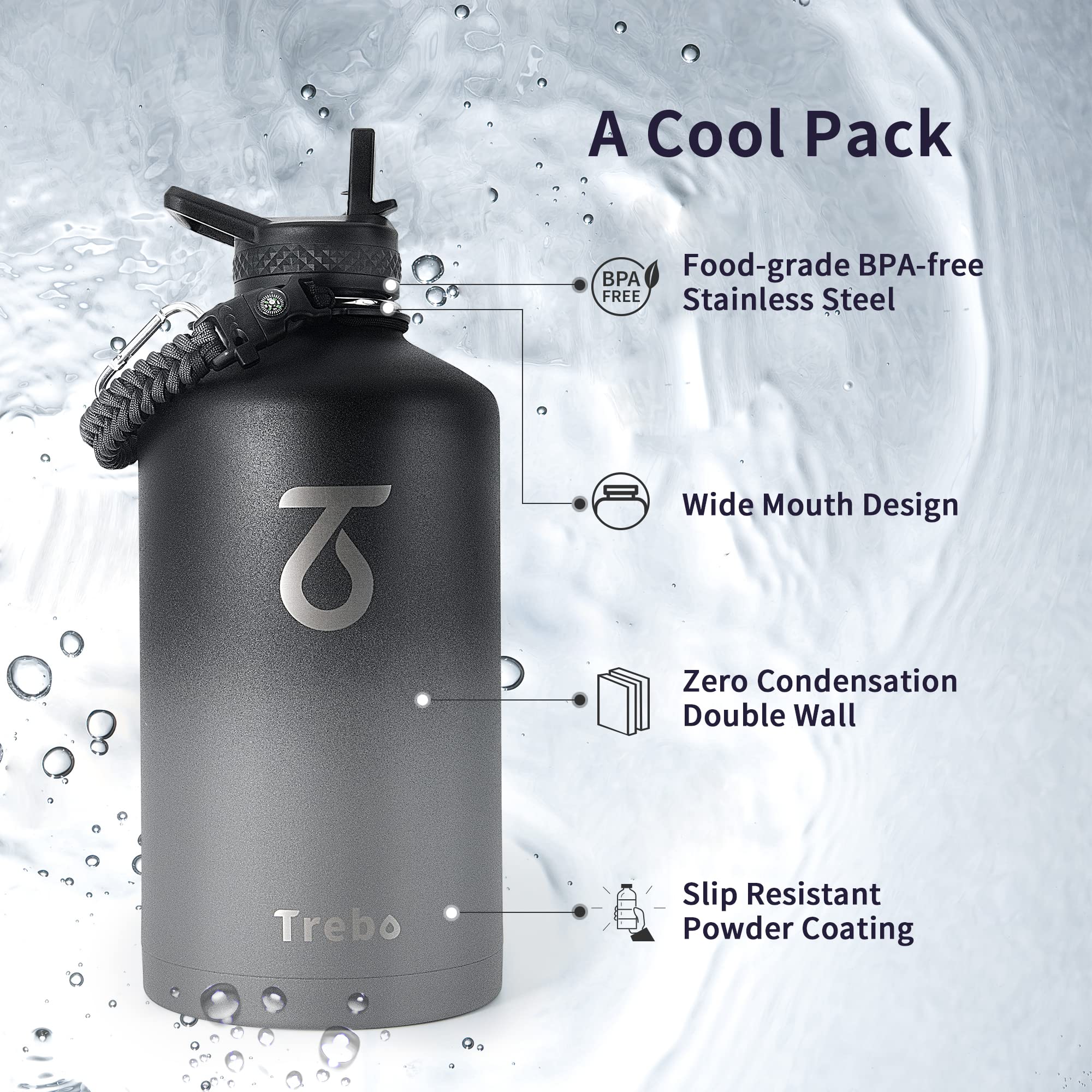 Trebo One Gallon Water Bottle Insulated With Paracord Handle,128Oz Stainless Steel Sports Large Jug Food-Grade Double Wall Vacuu