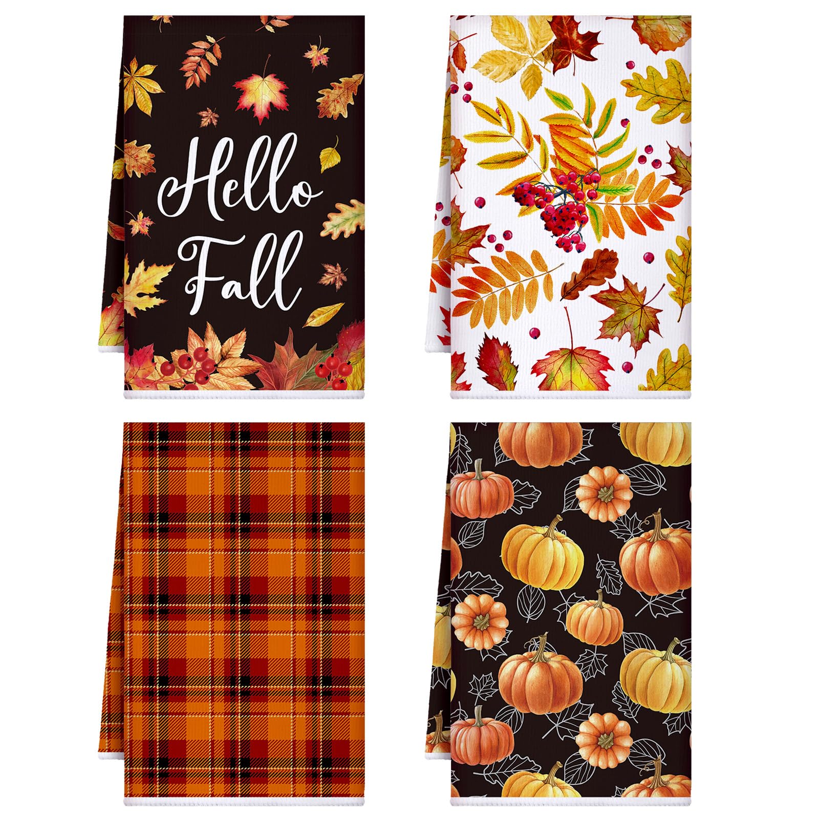 Bencailor 4 Pcs Thanksgiving Fall Kitchen Towels Maple Leaves Hand Dish Towels Pumpkin Orange Fall Tea Cloth Fast Drying Decor H