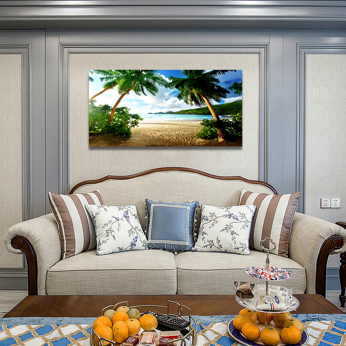 Wall Art Sea Beach Coconut Tree Landscape Picture Print Canvas Wall Art Modern Giclee Artwork Home Decor Stretched and Framed Ready to Hang 2cm Thick Frame  Waterproof Artwork.