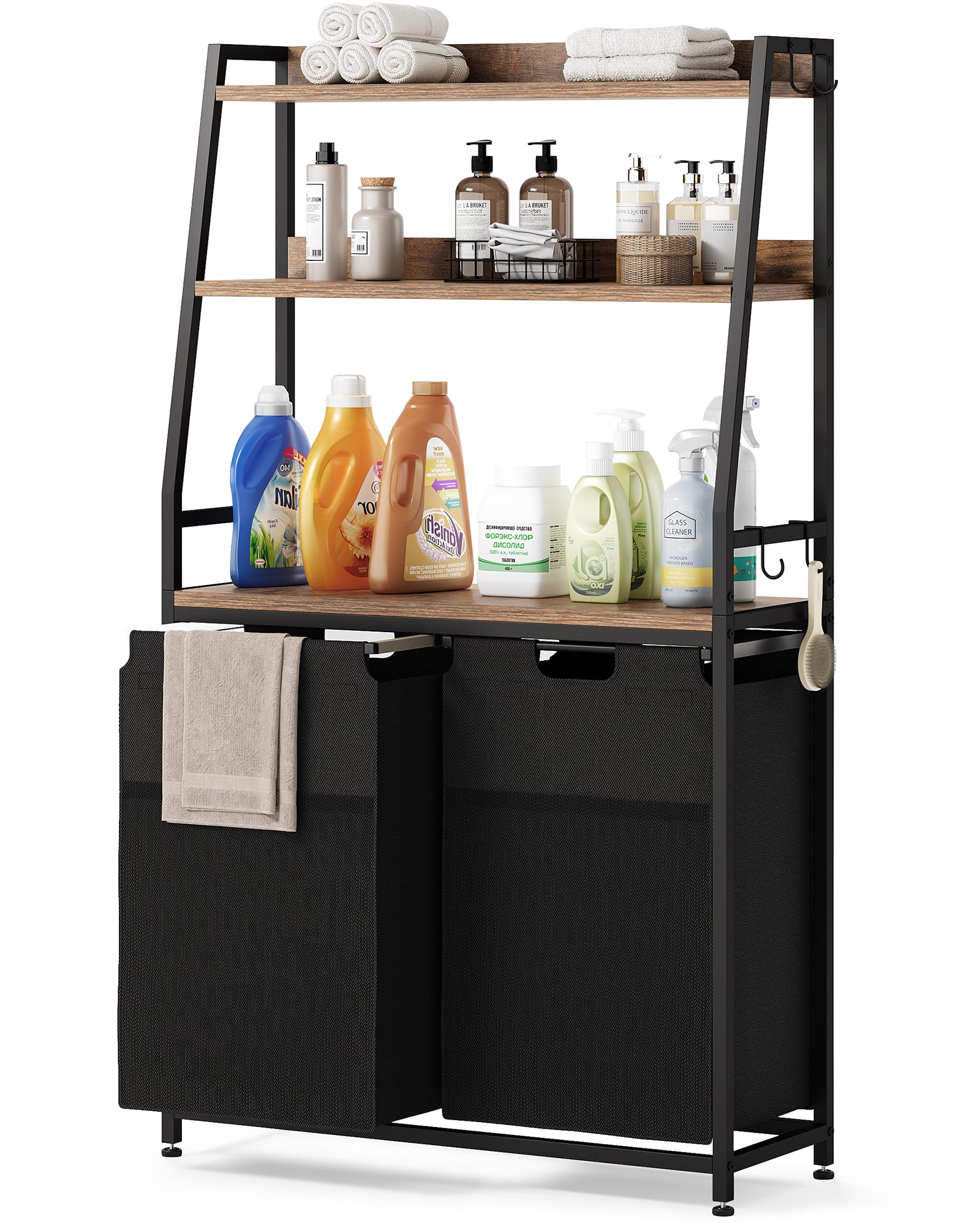 Lulive Double Laundry Hamper With Shelf, Laundry Basket With 3 Tier Storage Shelves & 4 Removable Hooks, Tall Laundry Sorter Clo