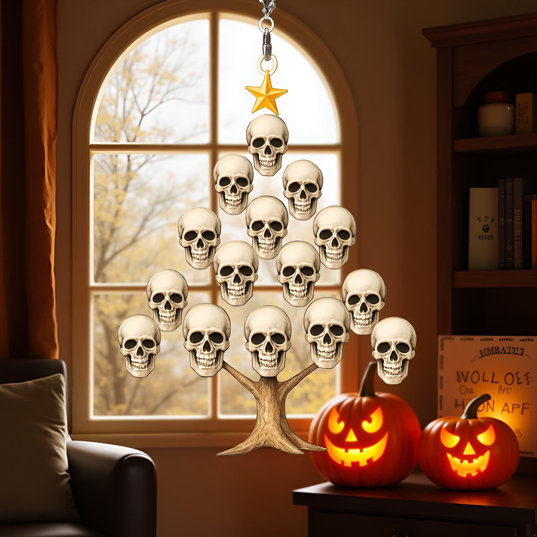Skull Hanging Ornament, Skulls Tree Decor, Stacked Decoration for Halloween Christmas, Home Decoration Suncatcher (Skull and Tre