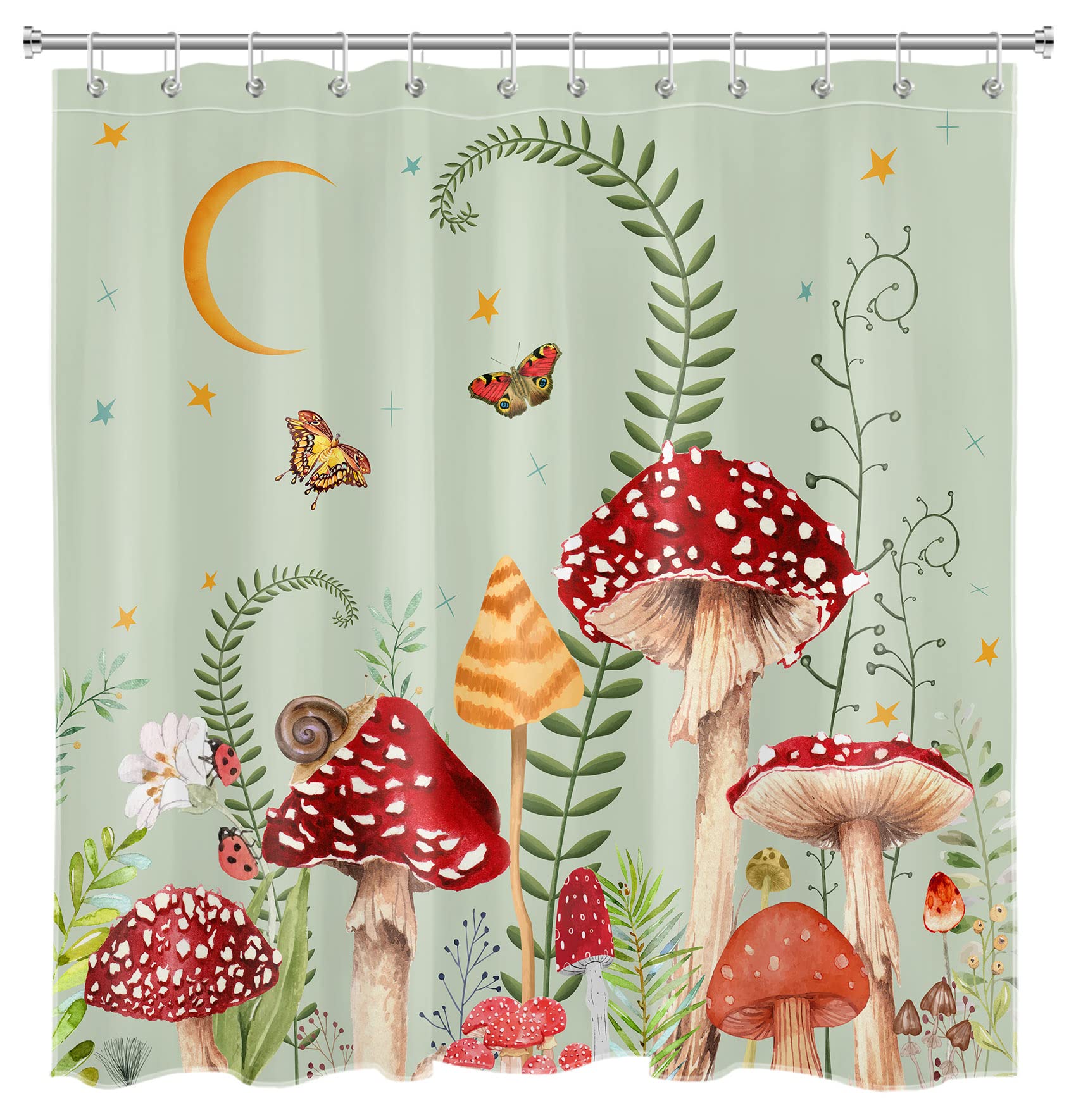 Eobtain Boho Mushroom Shower Curtain Rustic Floral Plant With Green Leaf And Moon Stars On Sage Green Fabric Shower Curtain With