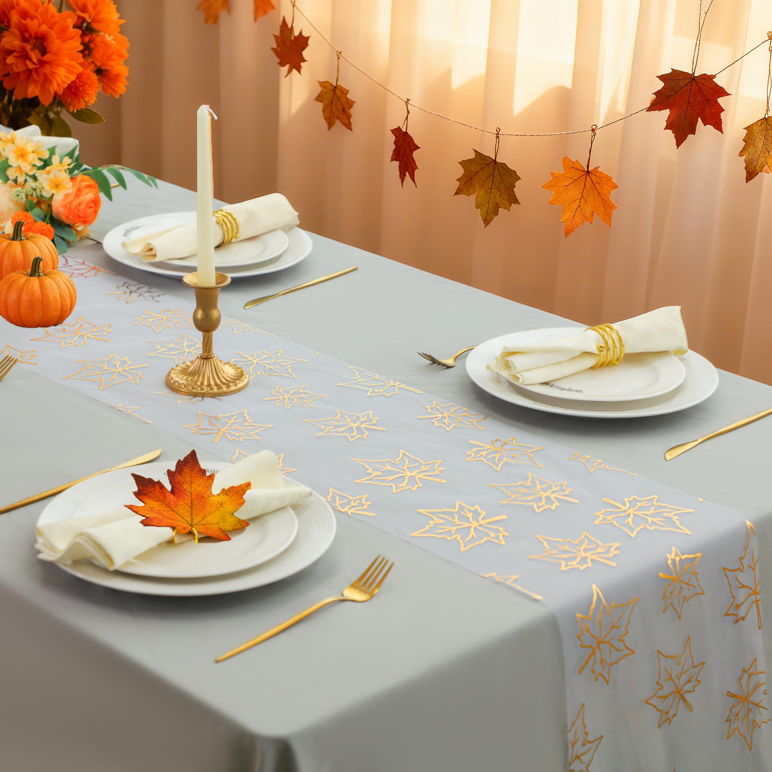 Snowkingdom 2 Pcs Fall Table Runners, Gold Maple Leaves Thanksgiving Table Decorations for Autumn Harvest Sequin Glitter Lightwe