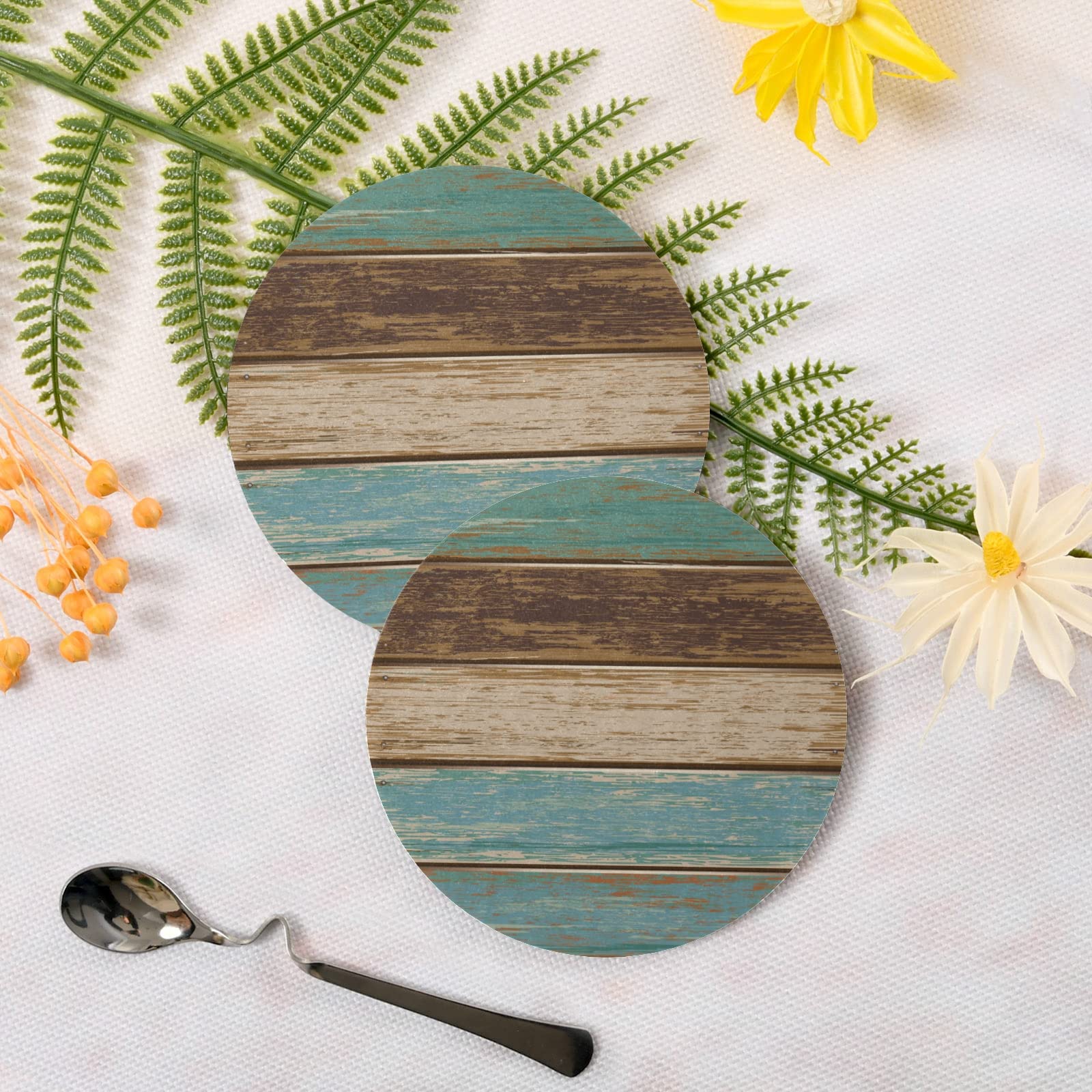 Teal Green Brown Retro Rustic Wood Pattern Drinks Coasters, Non-Scratch Cork Base Round Cups Mats For Home Kitchen Bar Decor