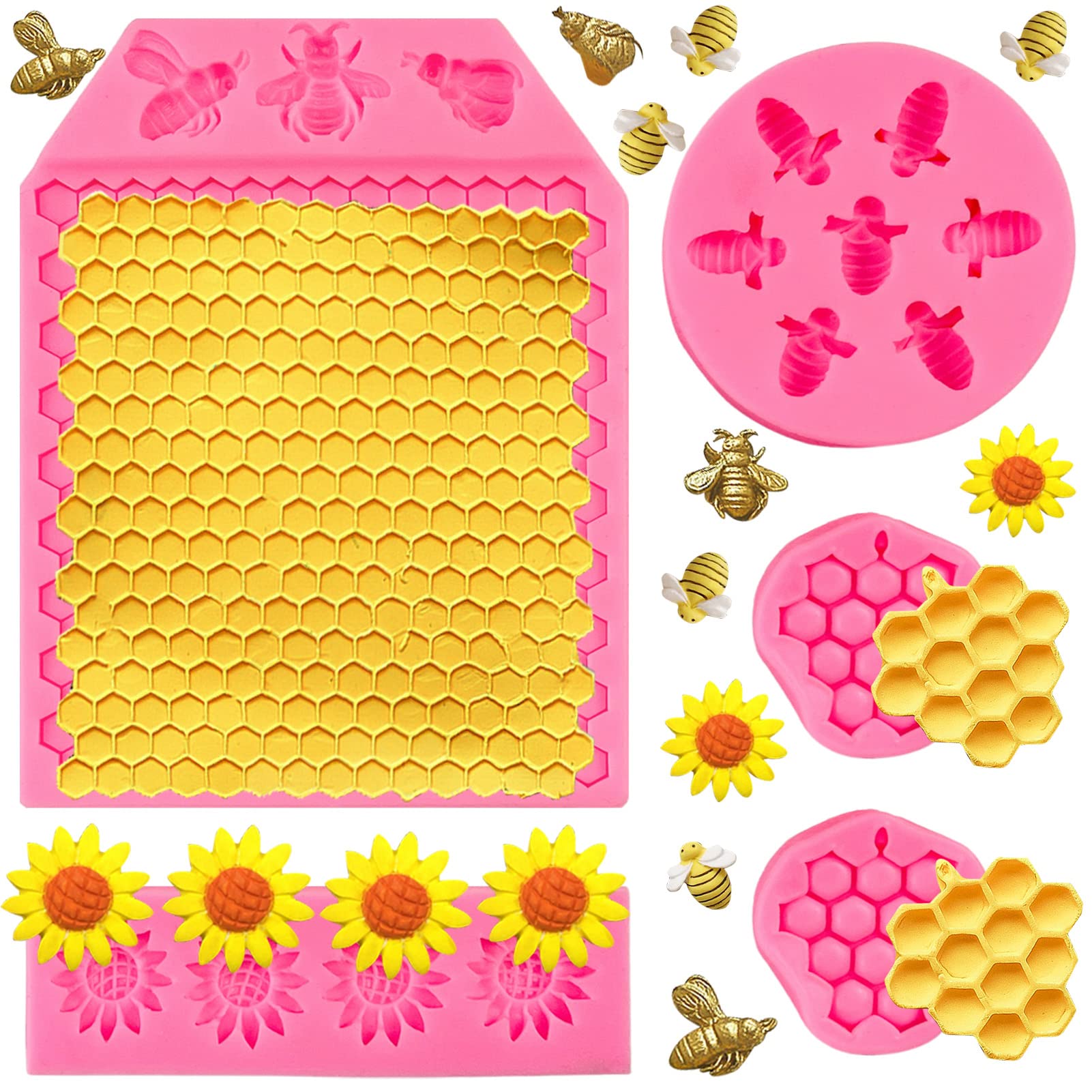 Rainmae 5 Pcs Bumble Bee Silicone Molds, Honeycomb Sunflower Fondant Mold, Beehive Silicone Baking Mold For Happy Bee Day Cake D