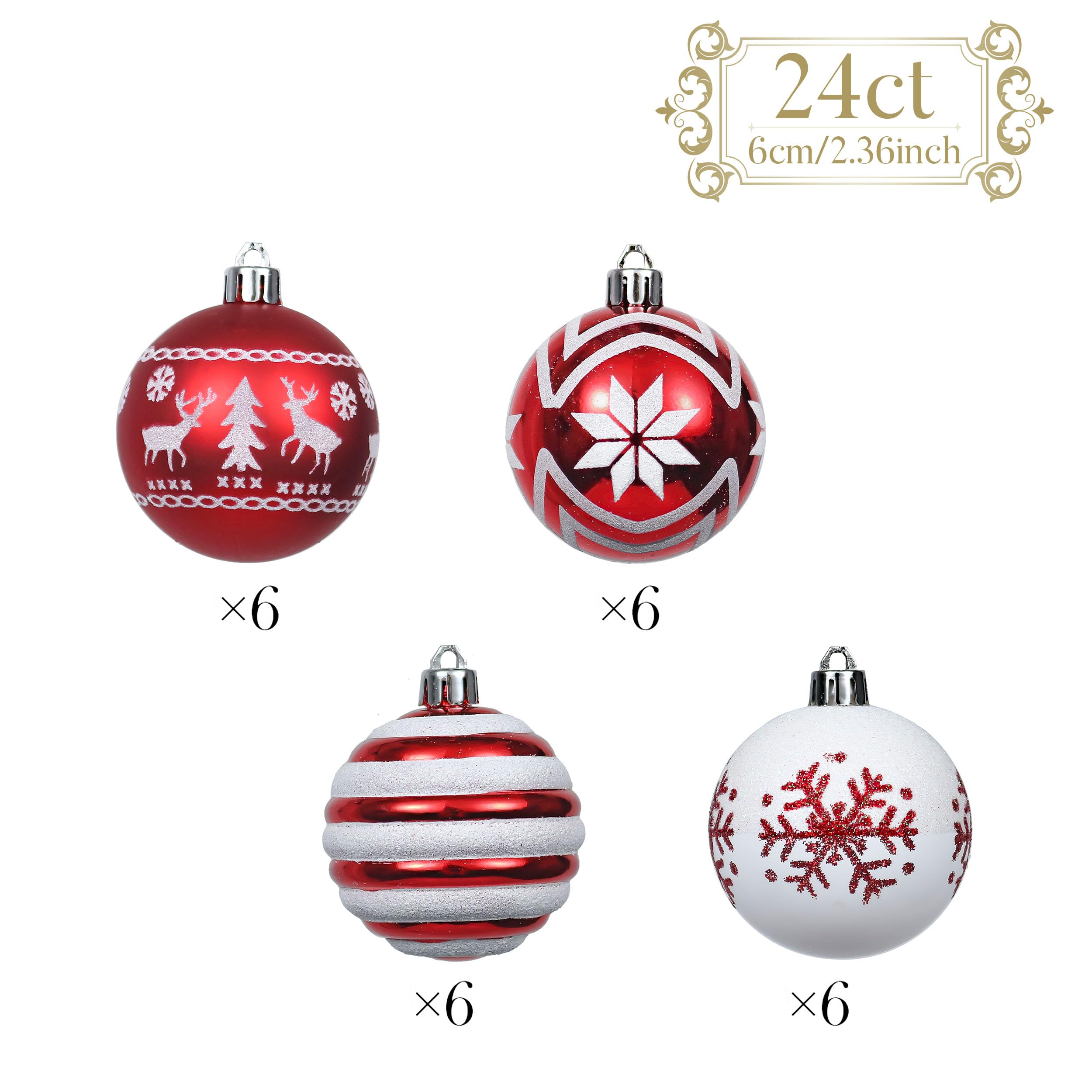 Valery Madelyn Christmas Ornaments Tree Decorations, 24ct Red and White Shatterproof Christmas Ball Ornaments Set, 2.36 Inch Dec