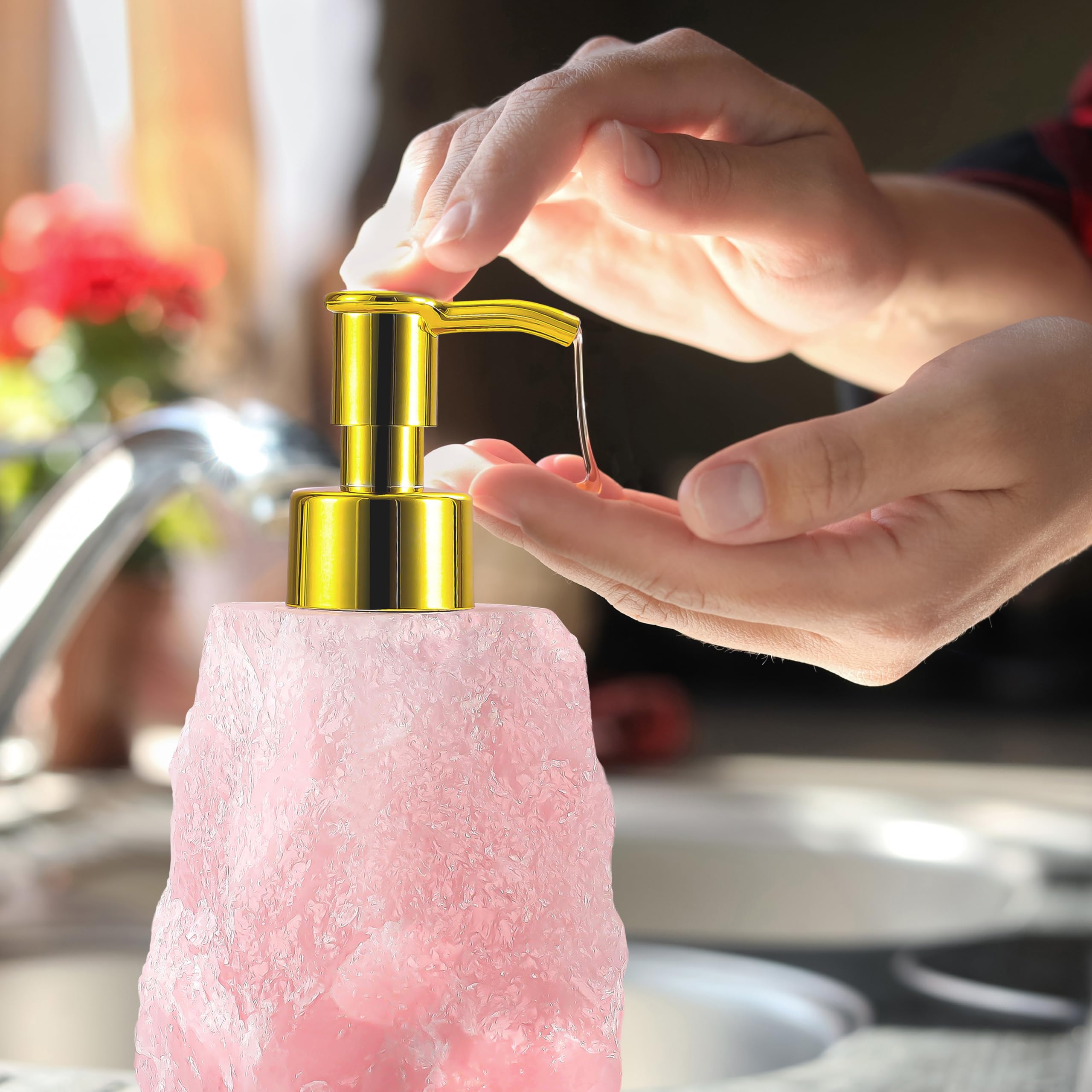 Spaceneat Rose Quartz Crystal Dispenser - Crystal Rock Soap Dispenser With Glossy Gold Color Pump - Natural Stone Soap Dispenser