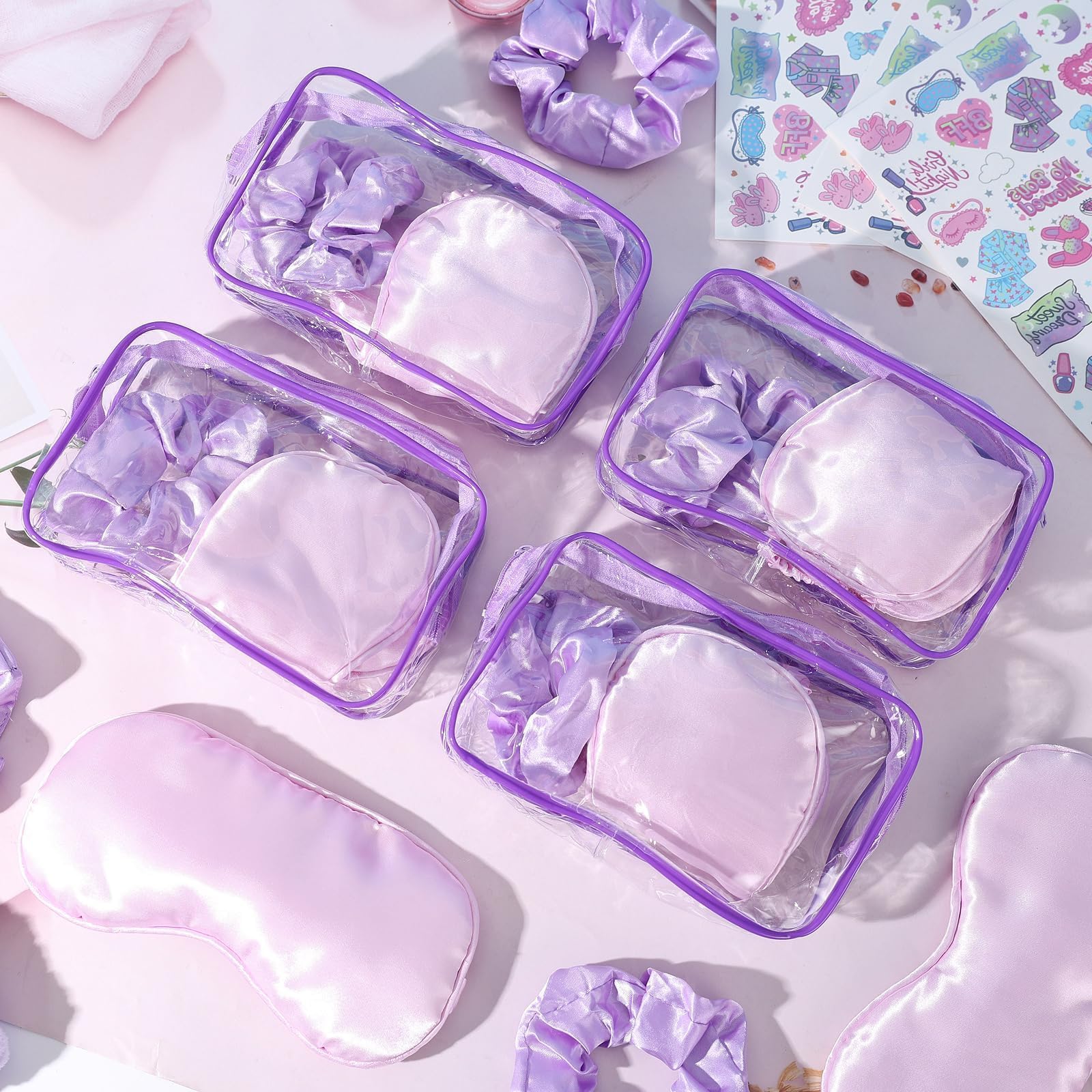 YLOLUL 32 Pcs Spa Sleepover Party Supplies for Girls Makeup Party Favor with Hair Scrunchies Clear Cosmetic Bags Eye Masks Sleep
