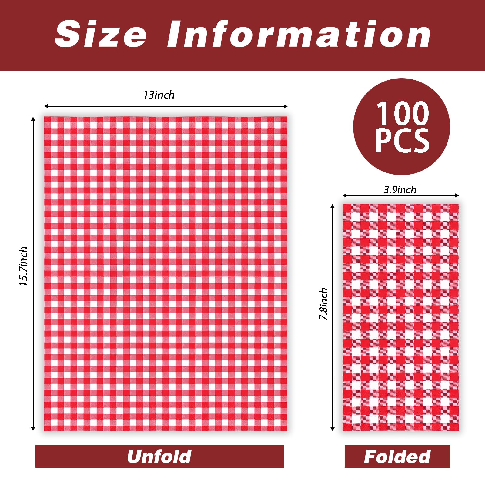 100 Pcs Red Gingham Napkins Disposable - Red And White Checkered Paper Napkins Red Dinner Napkins For Picnic Bathroom Birthday W