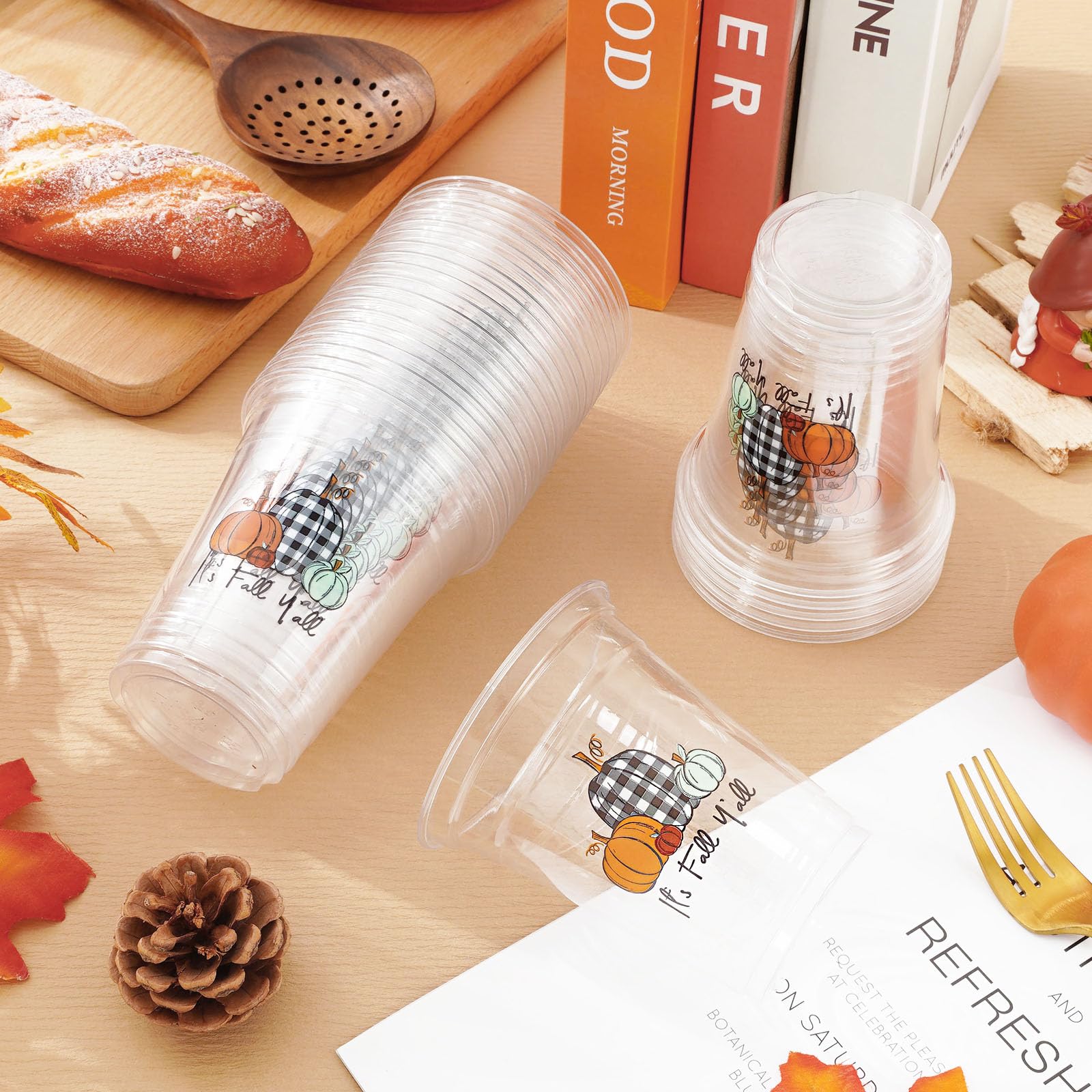 Whaline 50 Pieces 12 oz Fall Disposable Cups Black White Plaid Pumpkin Plastic Party Cups Happy Fall Clear Plastic Glasses for A