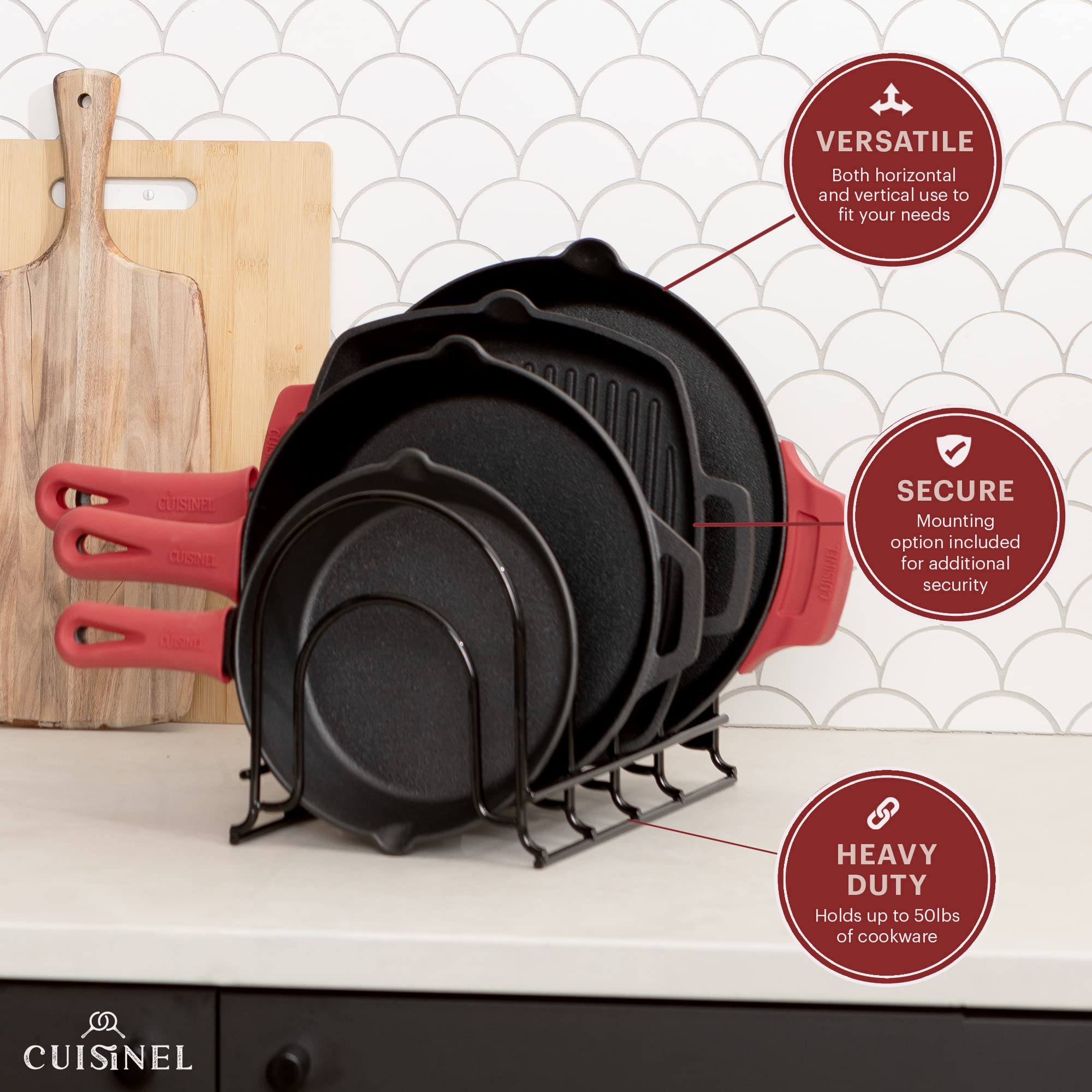 Pan Organizer - Silicone-Coated Non-Slip 12'' Heavy Duty Skillet Rack - Kitchen Counter/Cabinet Organization Storage - Holder Fo