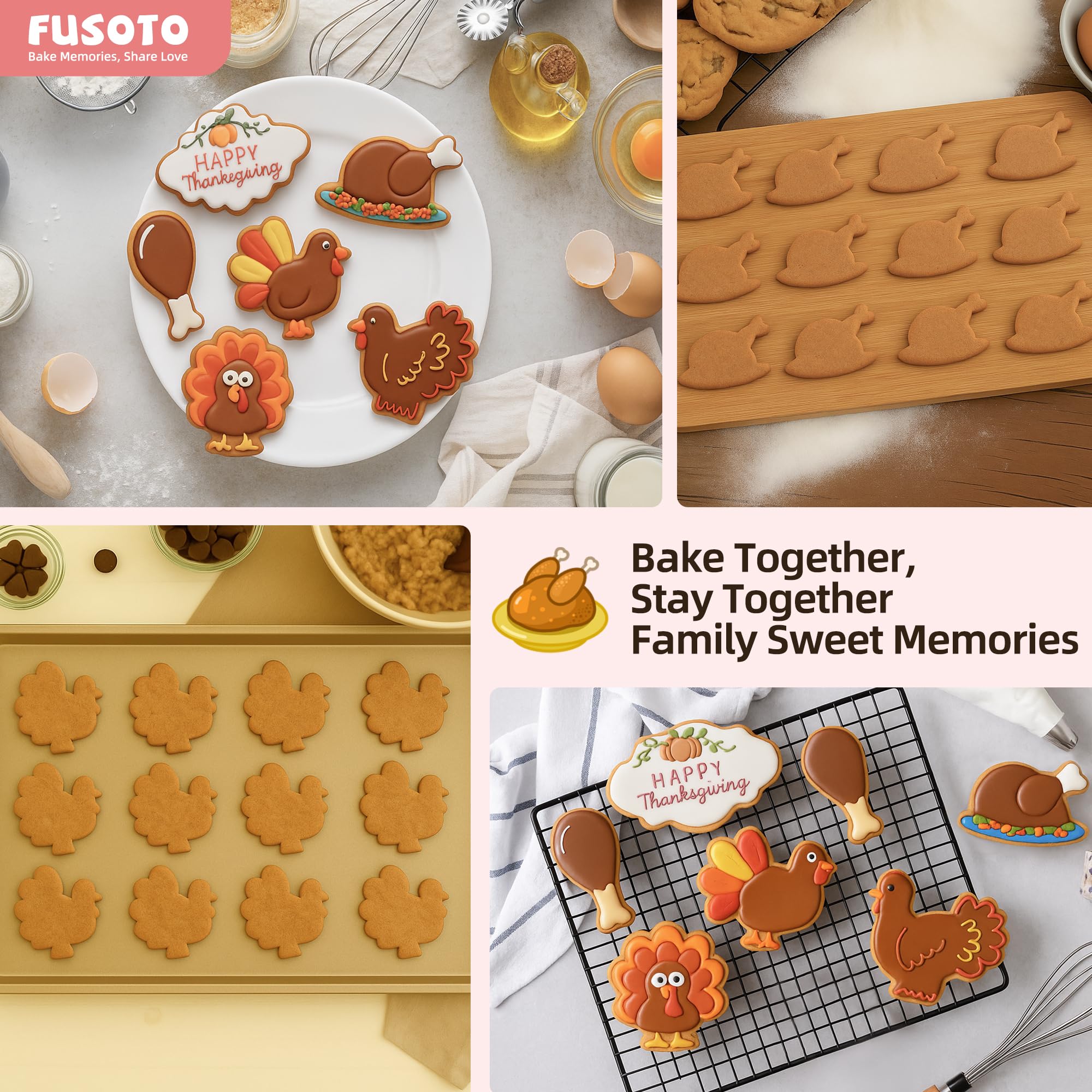 6PCS Thanksgiving Turkey Cookie Cutters Set, Holiday Cookie Cutter Thanksgiving Turkey Shapes for Baking-Turkey, Chicken Leg, Fa