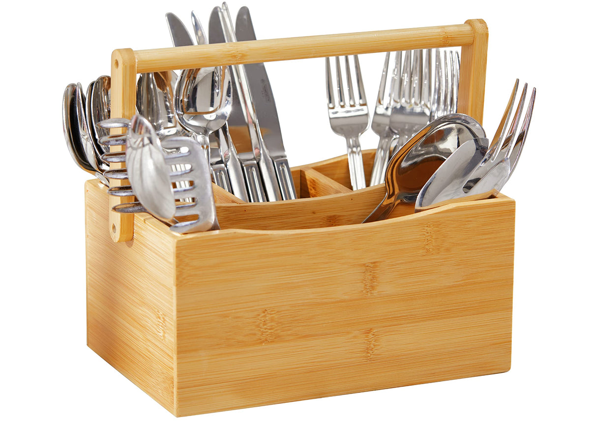 Royalhouse Natural Bamboo Utensil Holder And Organizer For Kitchen Countertop, Bamboo Picnic Basket With Folding Handle For Camp
