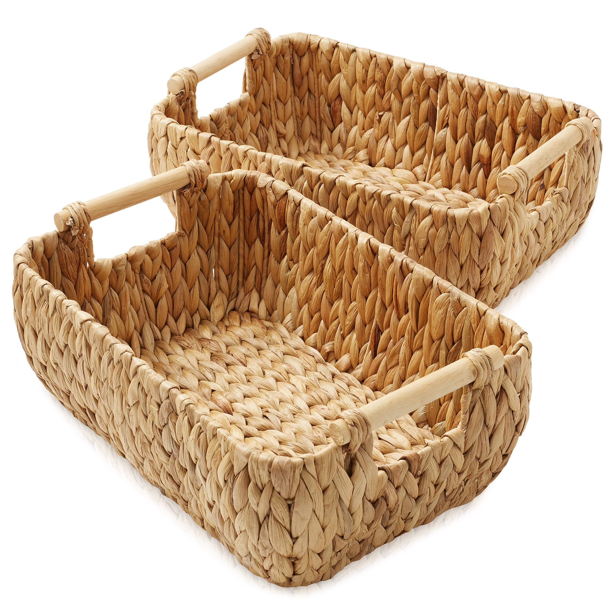 Casafield Set Of 2 Water Hyacinth Oval Storage Baskets With Wooden Handles - Medium, Woven Bin Organizers