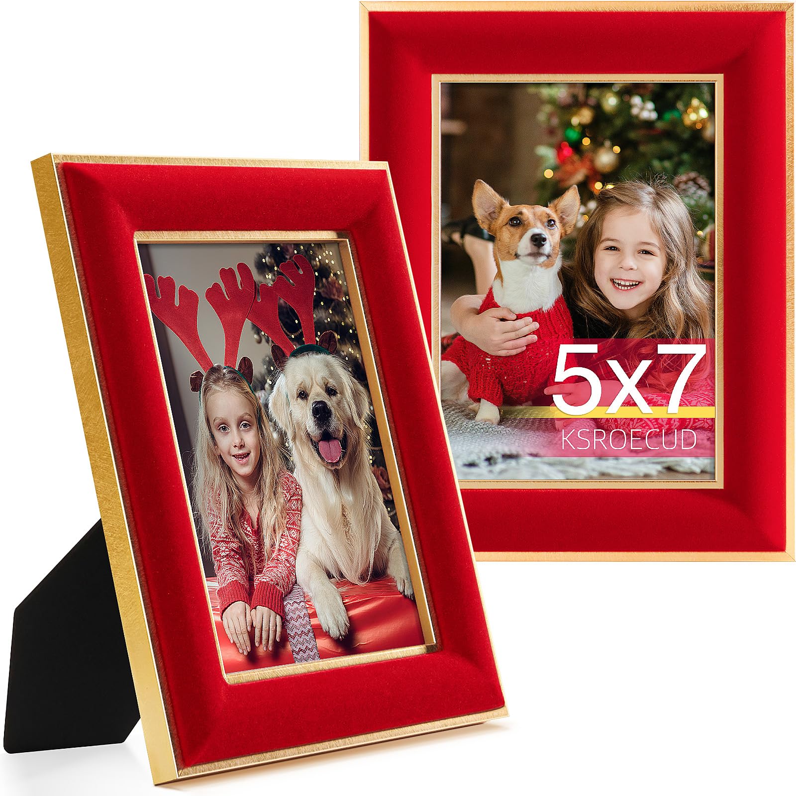 KSROECUD 5x7 Velvet Picture Frame, Red Photo Frames with Modern Simple Metallic Gold Border, HD Real Glass Horizontal & Vertical