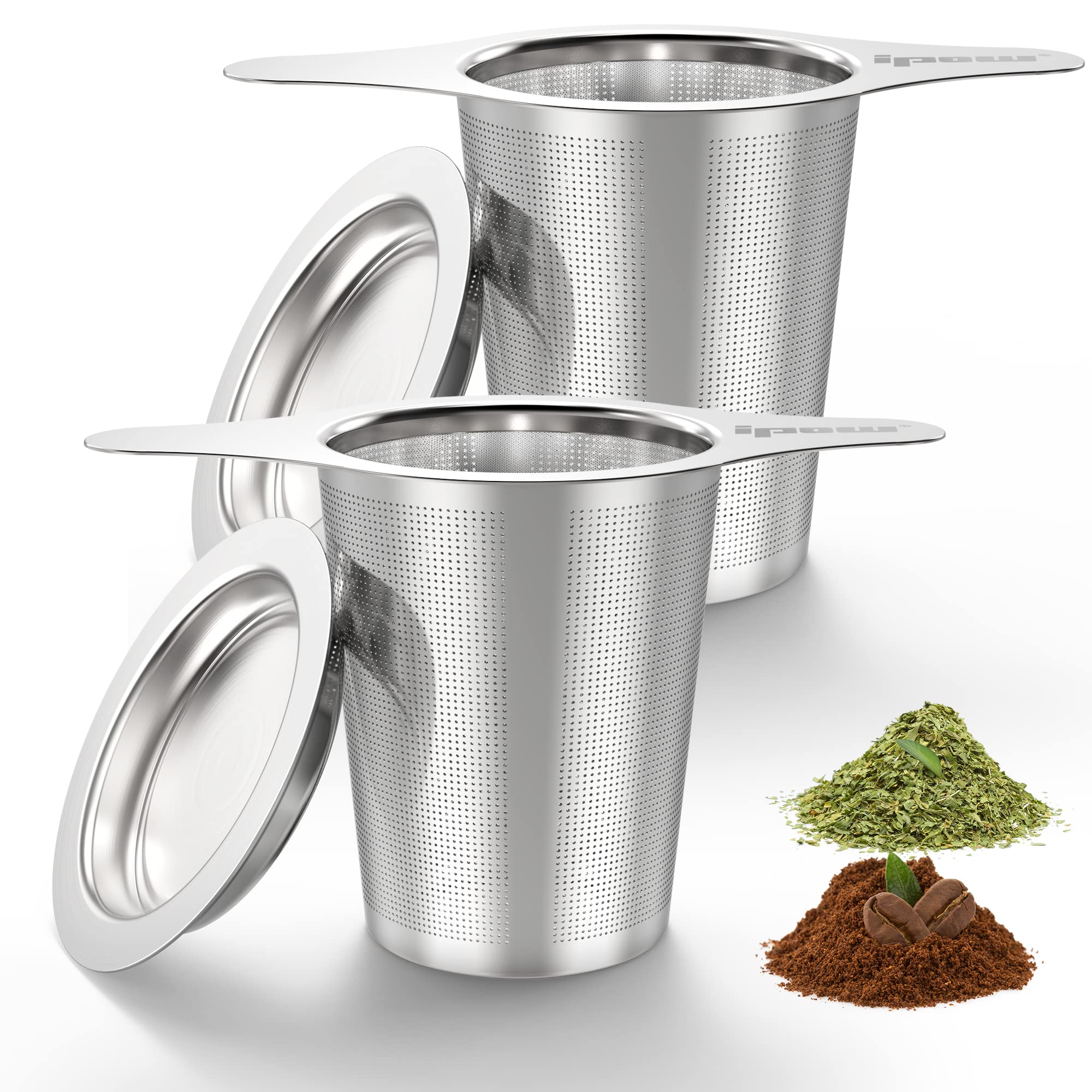 Ipow 2 Pack Extra Fine Mesh Coffee Filter With Coaster Lid And Double-Sided Handle, Micron Mesh Tea Infuser For Loose Tea, Food-
