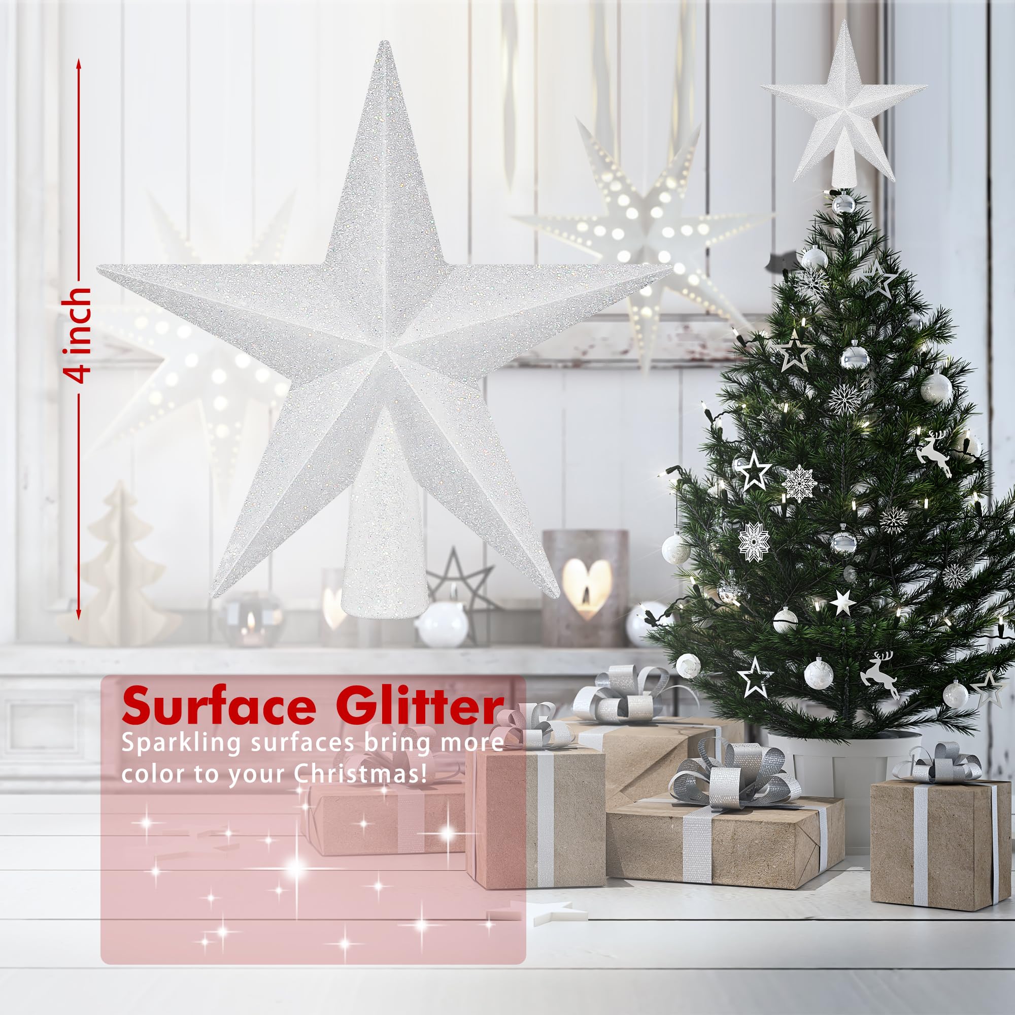 Christmas Tree Topper, 1PCS 4 White Glitter Star Tree Topper, 3D Xmas Shatter-Proof Mini Bethlehem Star Tree Topper Decorations,