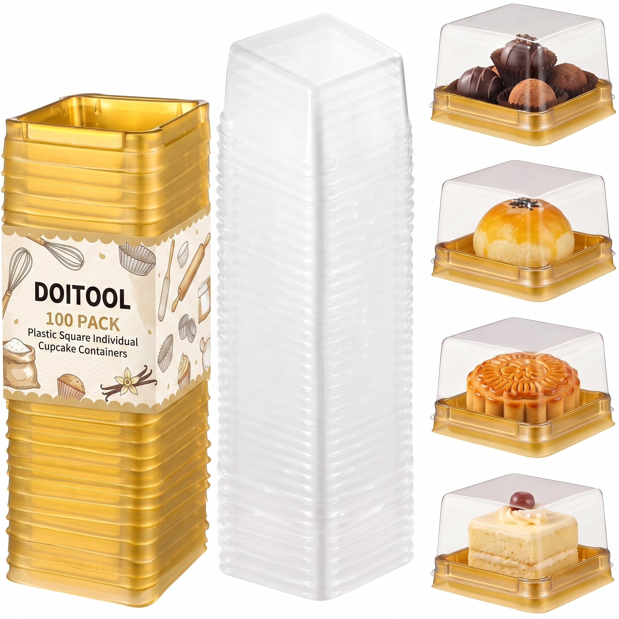 100 Set Plastic Single Individual Cupcake Containers Muffin Dome Holders with Lids, Mini Cupcake Containers Square Moon Cake Box