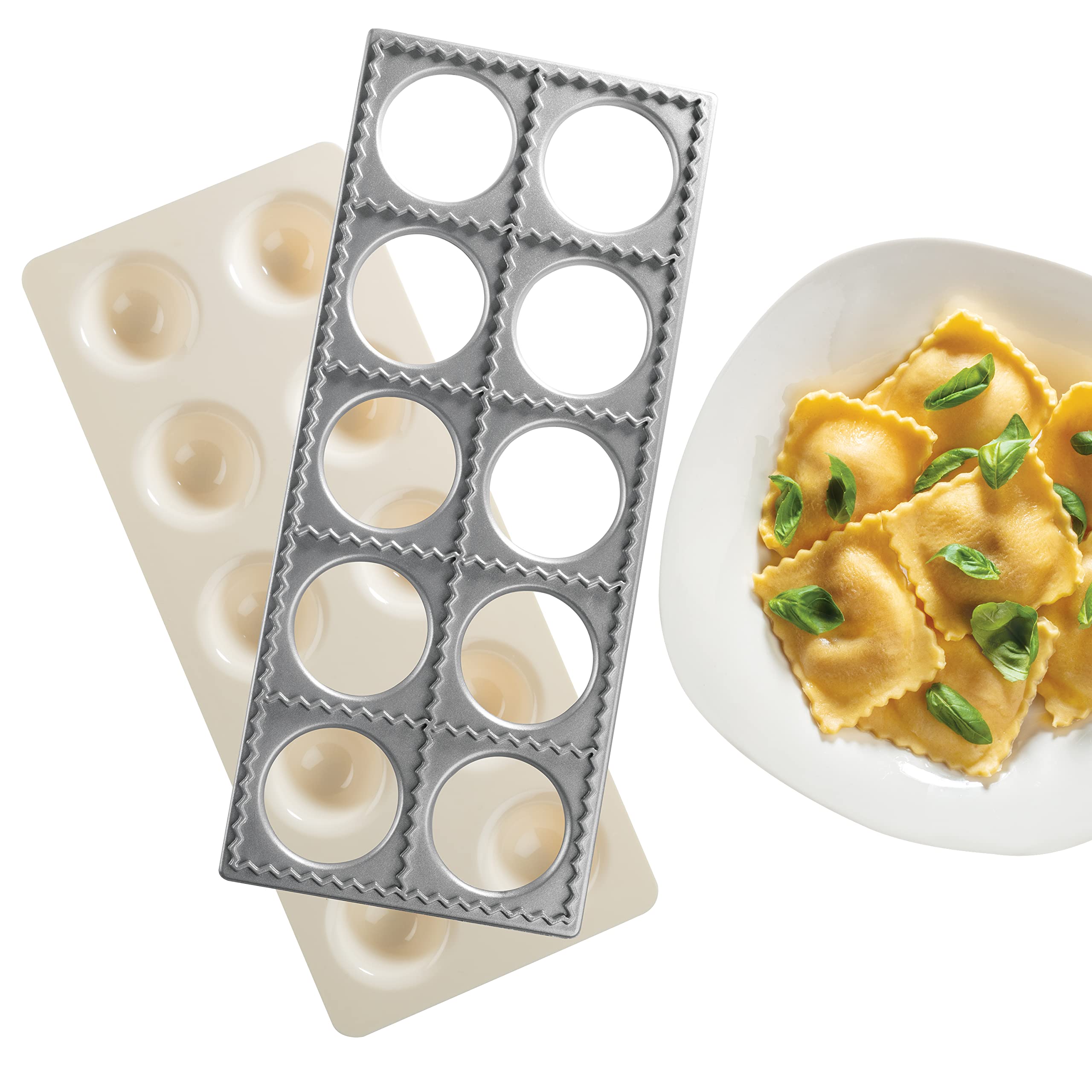 Cucinapro Ravioli Mold With Extra Large 2 1/2 Inch Squares- Authentic Ravioli Tray And Press, Makes 10 Italian Raviolis At A Tim