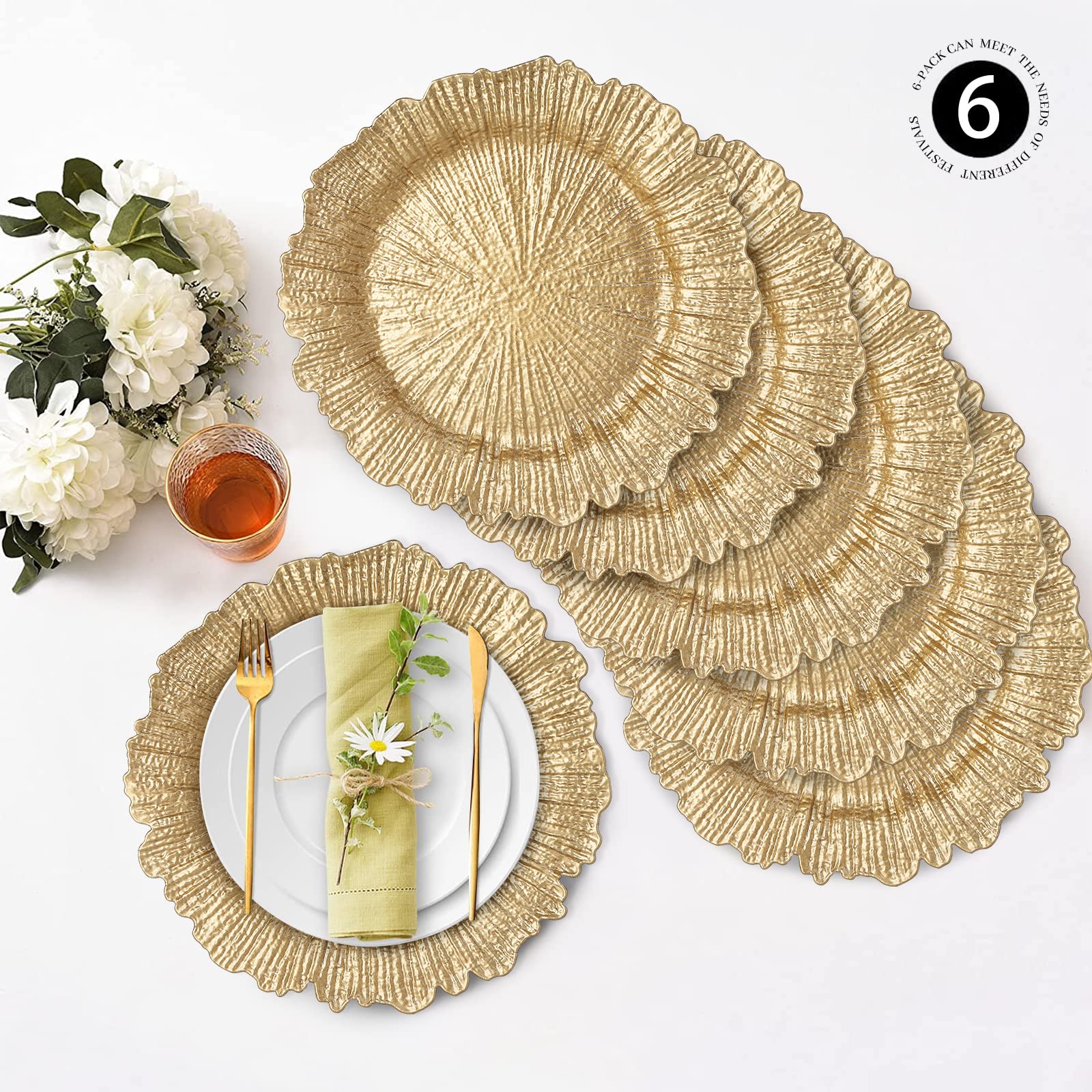 Maoname Round 13'' Gold Charger Plates, Set Of 6, Reef Plate Chargers For Dinner Plates, Plastic Table Chargers For Wedding, Tha