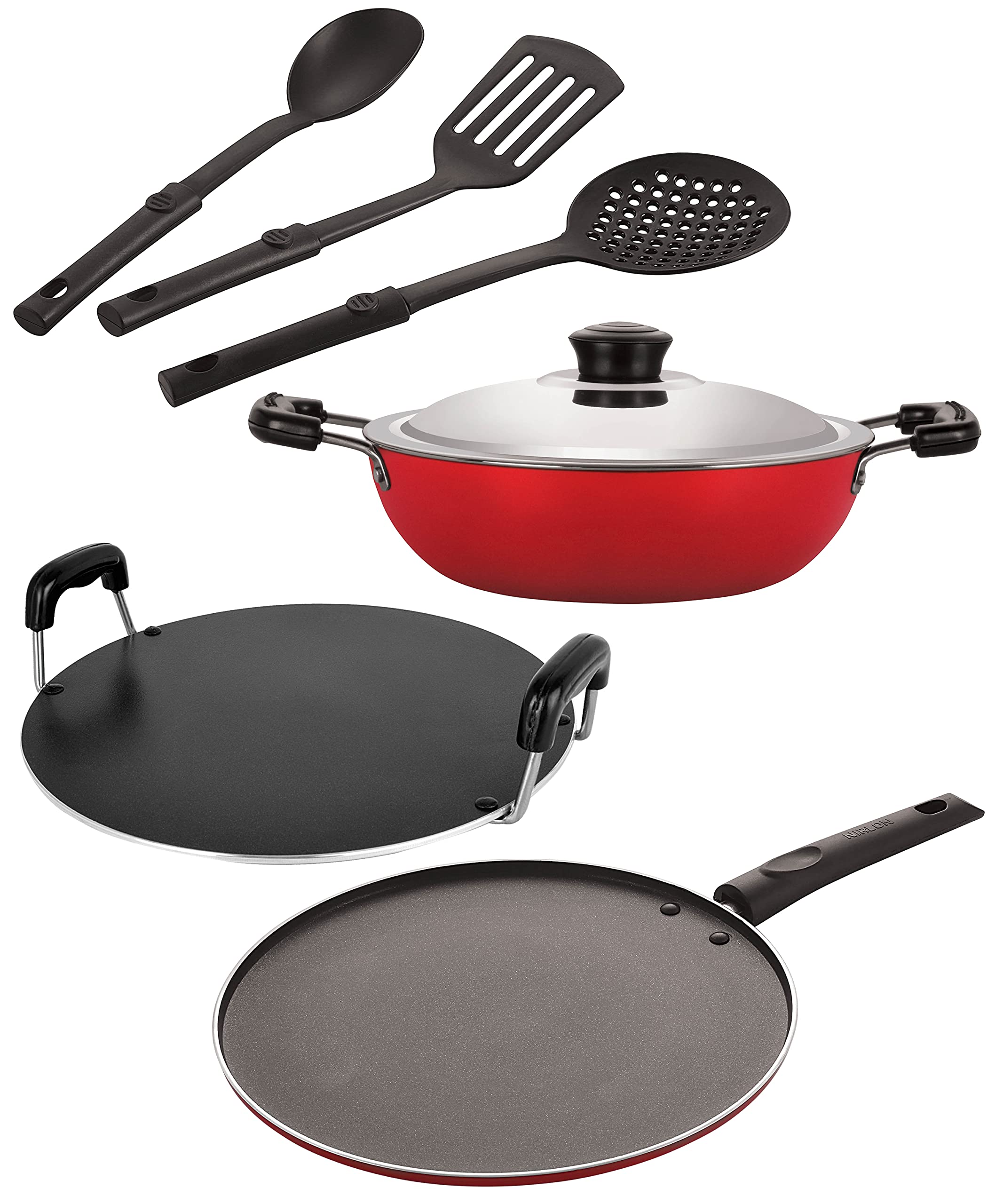 Nirlon Aluminium Nonstick Coated 6 Pcs Set Of Deep Kadhai24Cm,Round Tawa28.5Cm,Smart Tawa29Cm & 3 Spoon (2.6Mm_Dkdb_Rt_St12_3