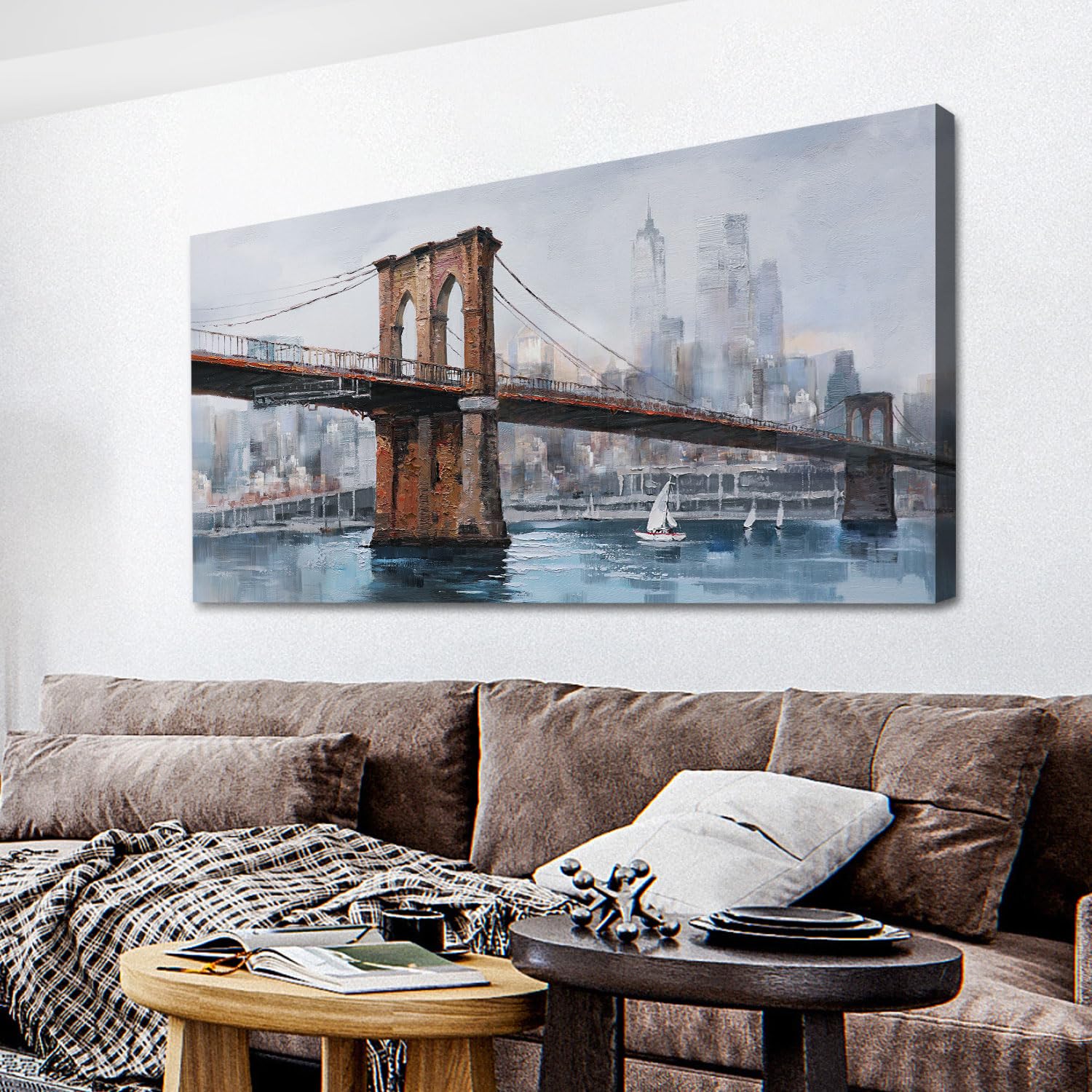 Ardemy Brooklyn Bridge Wall Art Canvas Cityscape Abstract Skyline New York City Painting, Modern Nyc Picture Framed For Bedroom