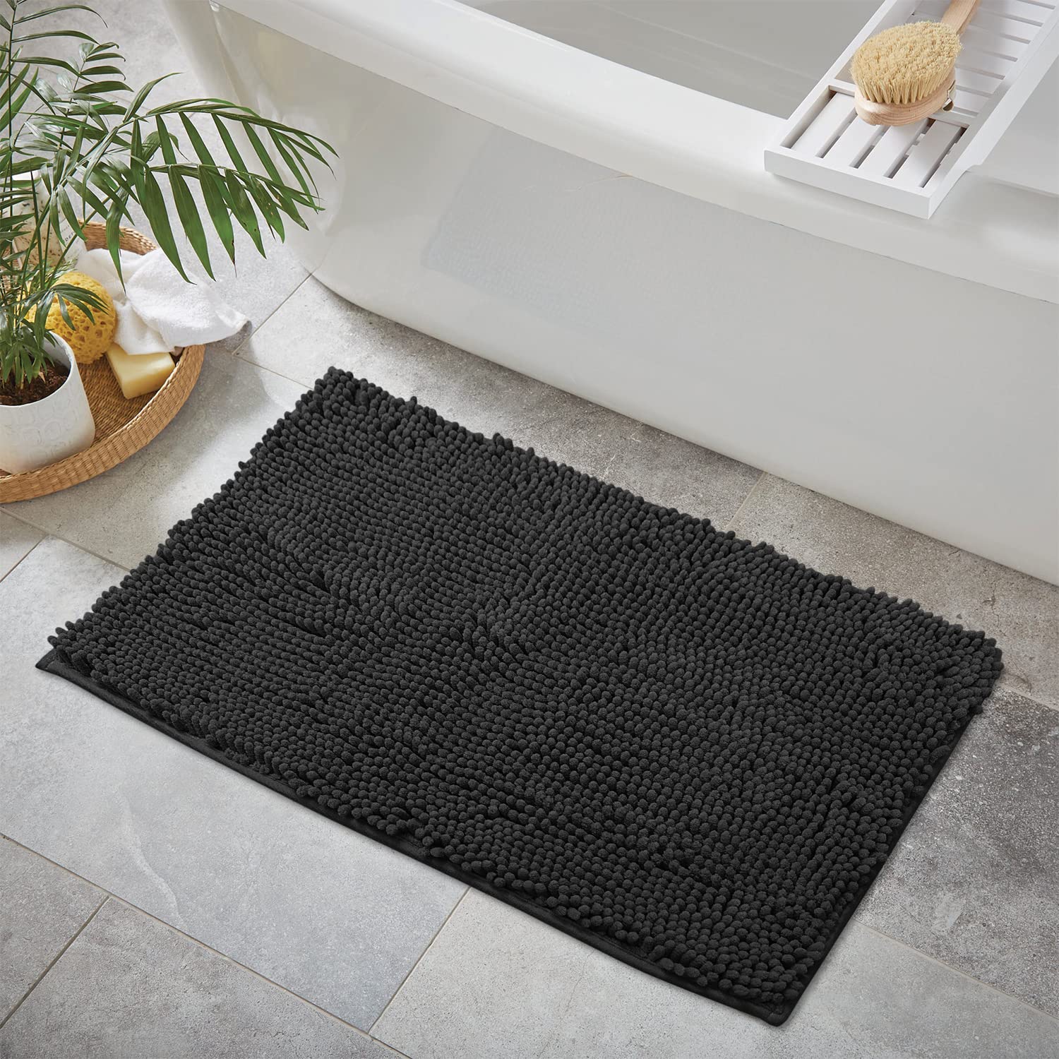 Luxurux Black Bathroom Rug Non-Slip Bathroom Rug Shag Shower Mat Machine-Washable Bath Mats With Water Absorbent Soft Microfiber