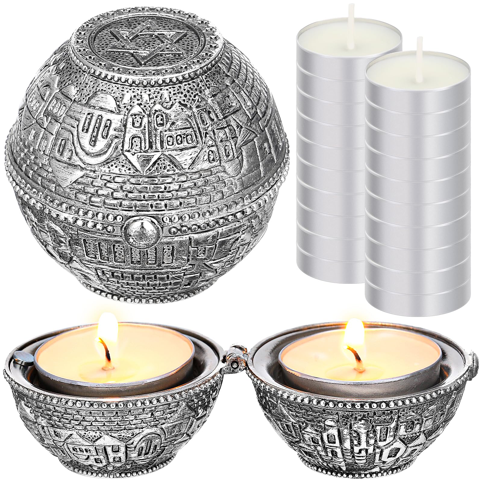 Skybooly Jewish Shabbat Metal Travel Candle Holders Silver Travel Size Jerusalem Candlesticks with 10 Pcs Mini Tealight Candles 