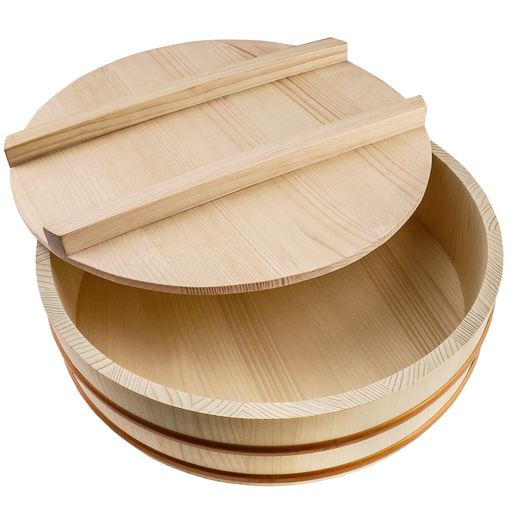 Kichgather Wooden Sushi Rice Bowl With Lid Hangiri Sushi Oke Sushi Rice Mixing Tub (11.8     With Lid)