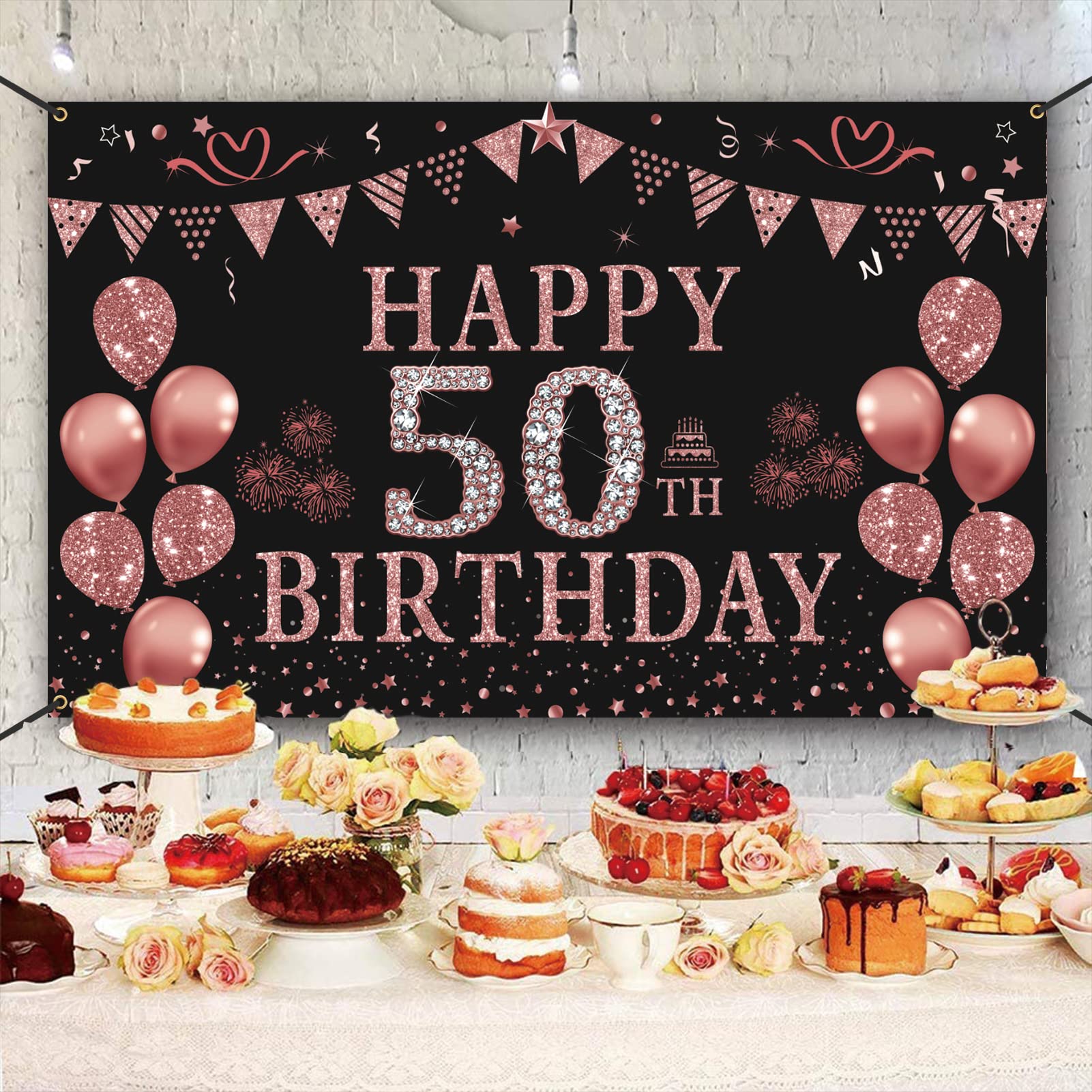 Trgowaul 50Th Birthday Decorations For Women - Rose Gold 50Th Birthday Banner Backdrop 50Th Birthday Party Suppiles Photography