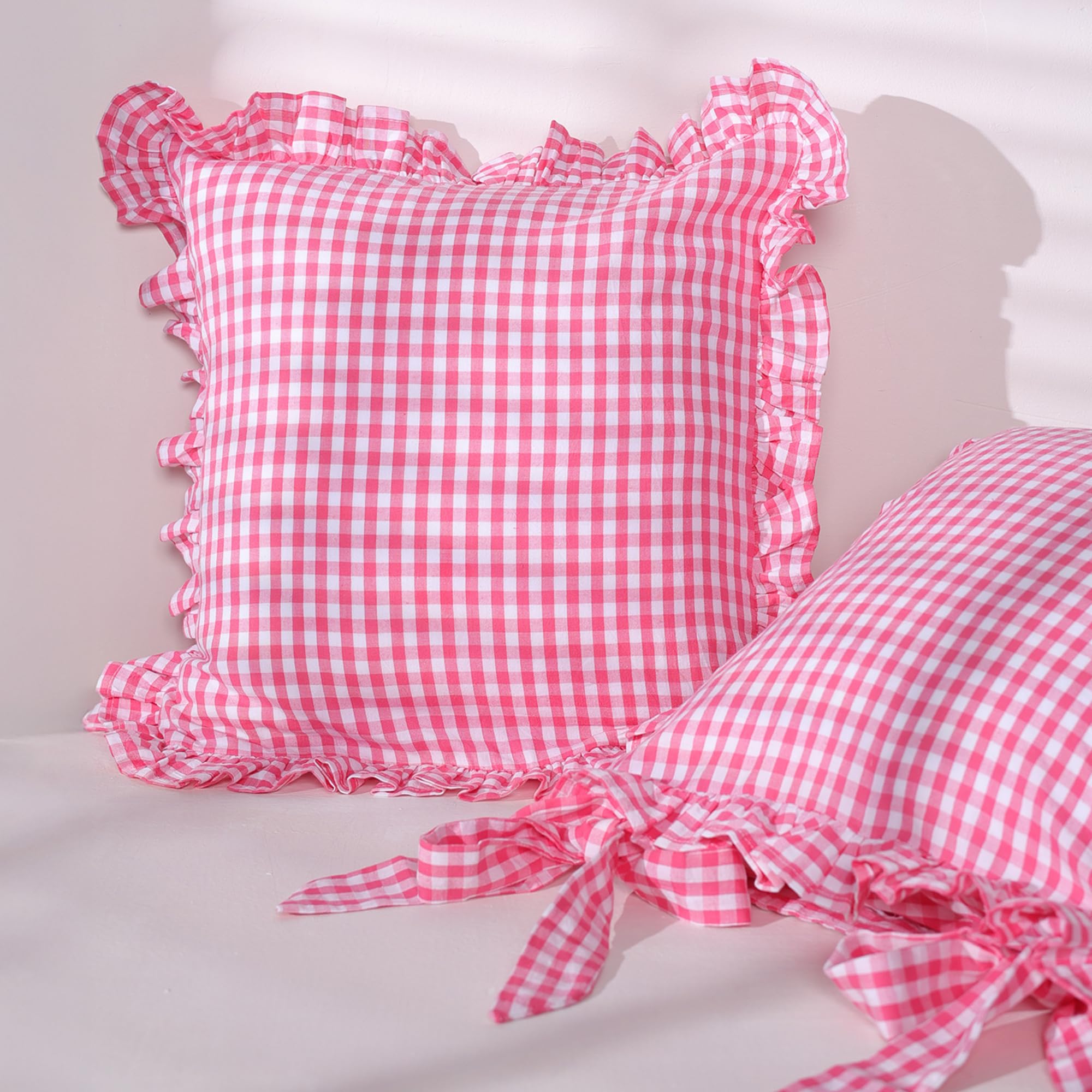 Sleepy Threads Pink Cushion Covers 16X16 Inches - Pack Of 4 | Checkered Pattern With Frill Border | Decorative Throw Cushion Cas