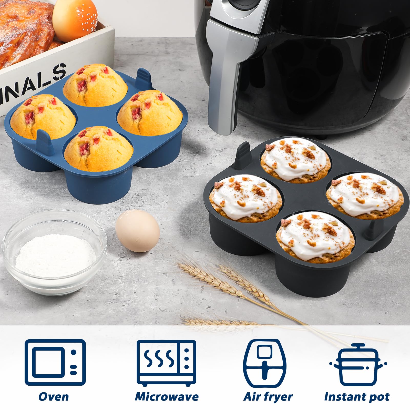 Webake 2Pcs Jumbo Silicone Air Fryer Muffin Pan For Baking 4 Cavity Air Fryer Silicone Cupcake Pans Non Stick Food Grade And Bpa