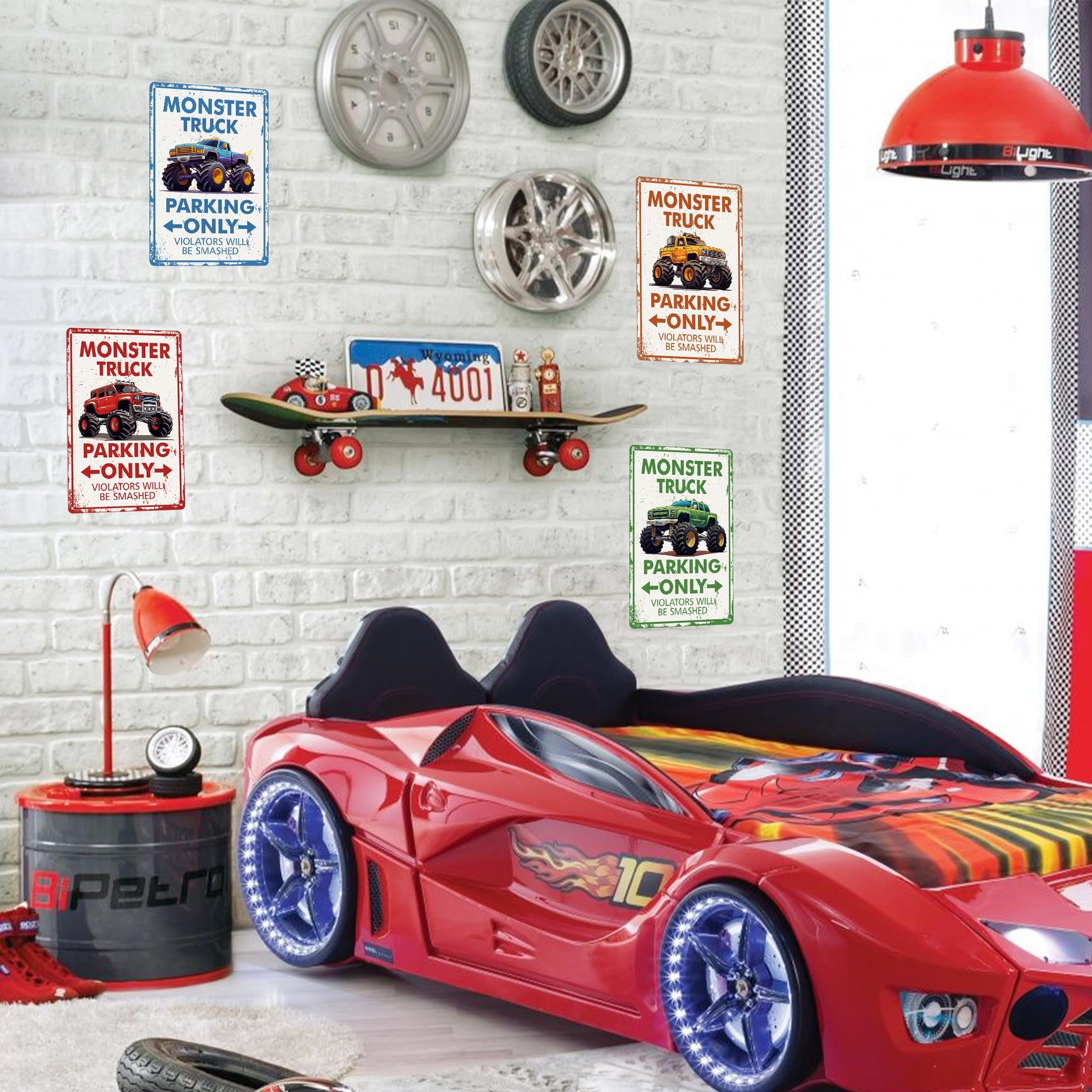 4 Pcs Monster Truck Parking Only Wall Decor for Boys, Monster Jam Only Violators Will Be Smashed Wall Room Door Signs, Monster T